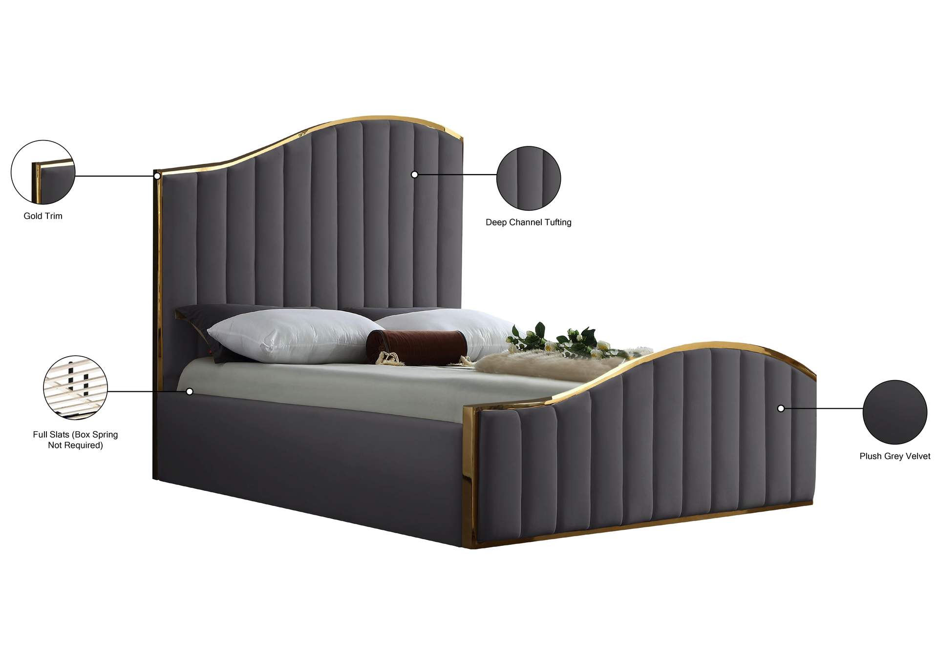 Jolie Grey Velvet Queen Bed (3 Boxes),Meridian Furniture