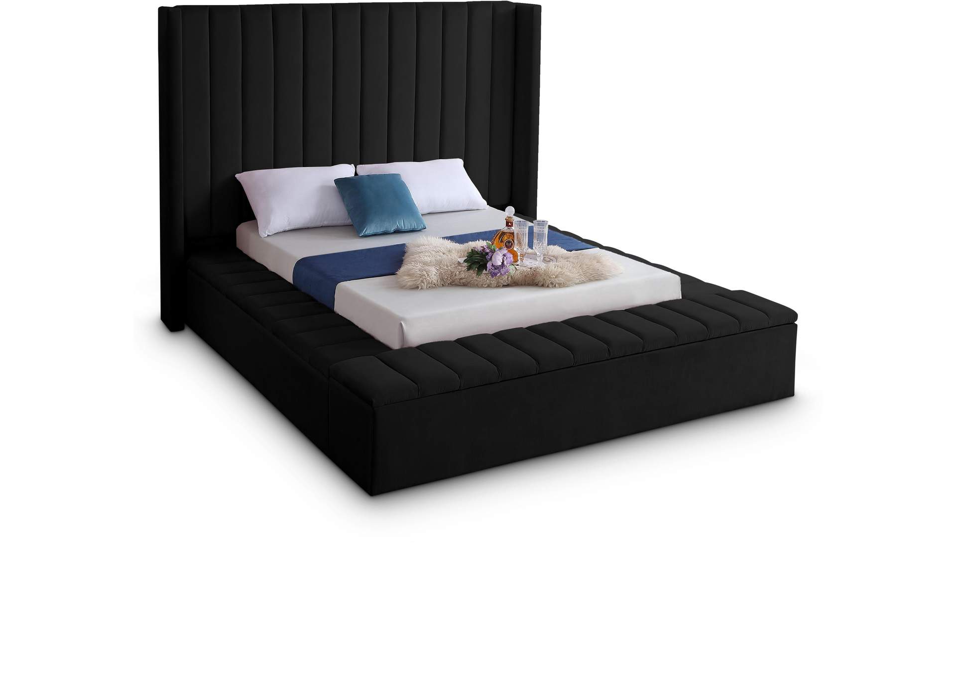 Kiki Black Velvet Queen Bed (3 Boxes),Meridian Furniture