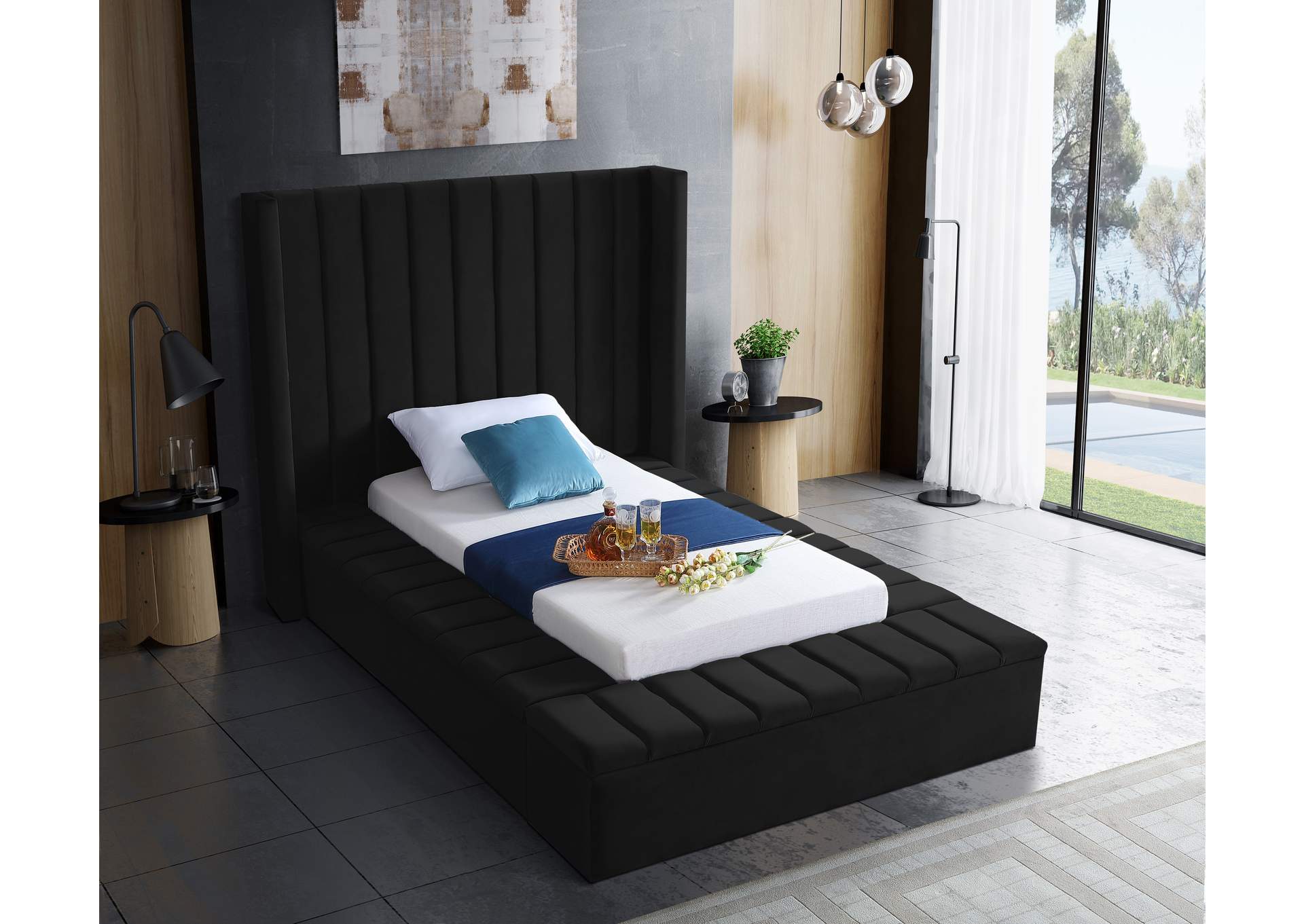 Kiki Black Velvet Twin Bed (3 Boxes),Meridian Furniture