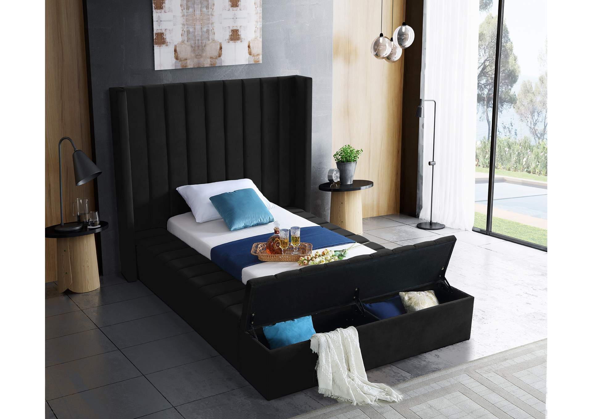 Kiki Black Velvet Twin Bed (3 Boxes),Meridian Furniture