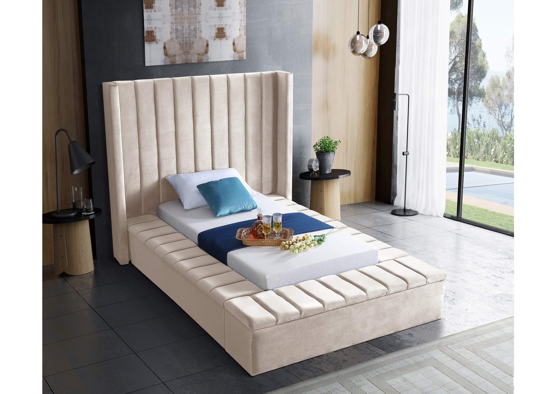 Kiki Cream Velvet Twin Bed (3 Boxes),Meridian Furniture