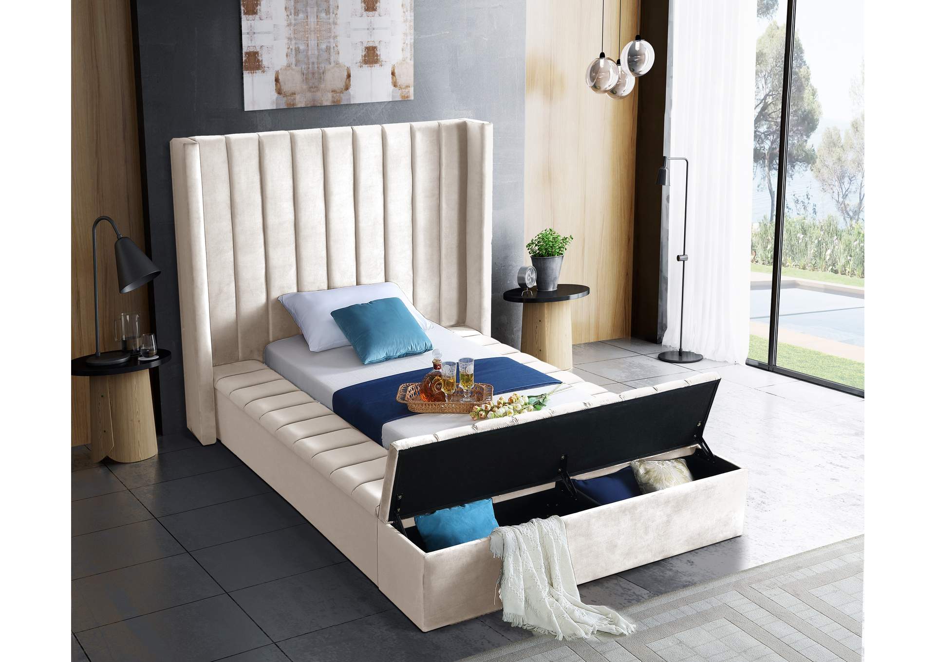 Kiki Cream Velvet Twin Bed (3 Boxes),Meridian Furniture