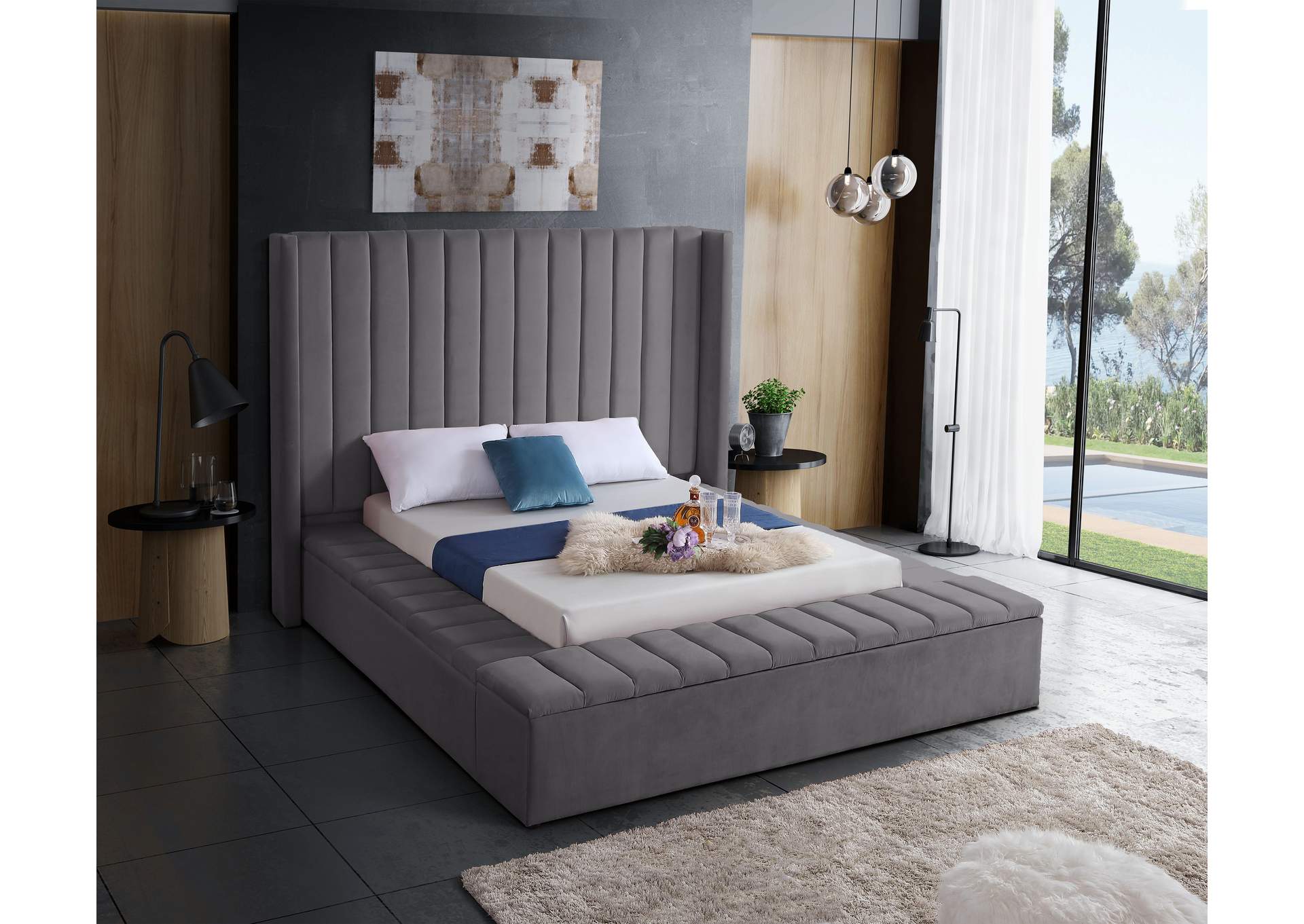 Kiki Grey Velvet Full Bed (3 Boxes),Meridian Furniture