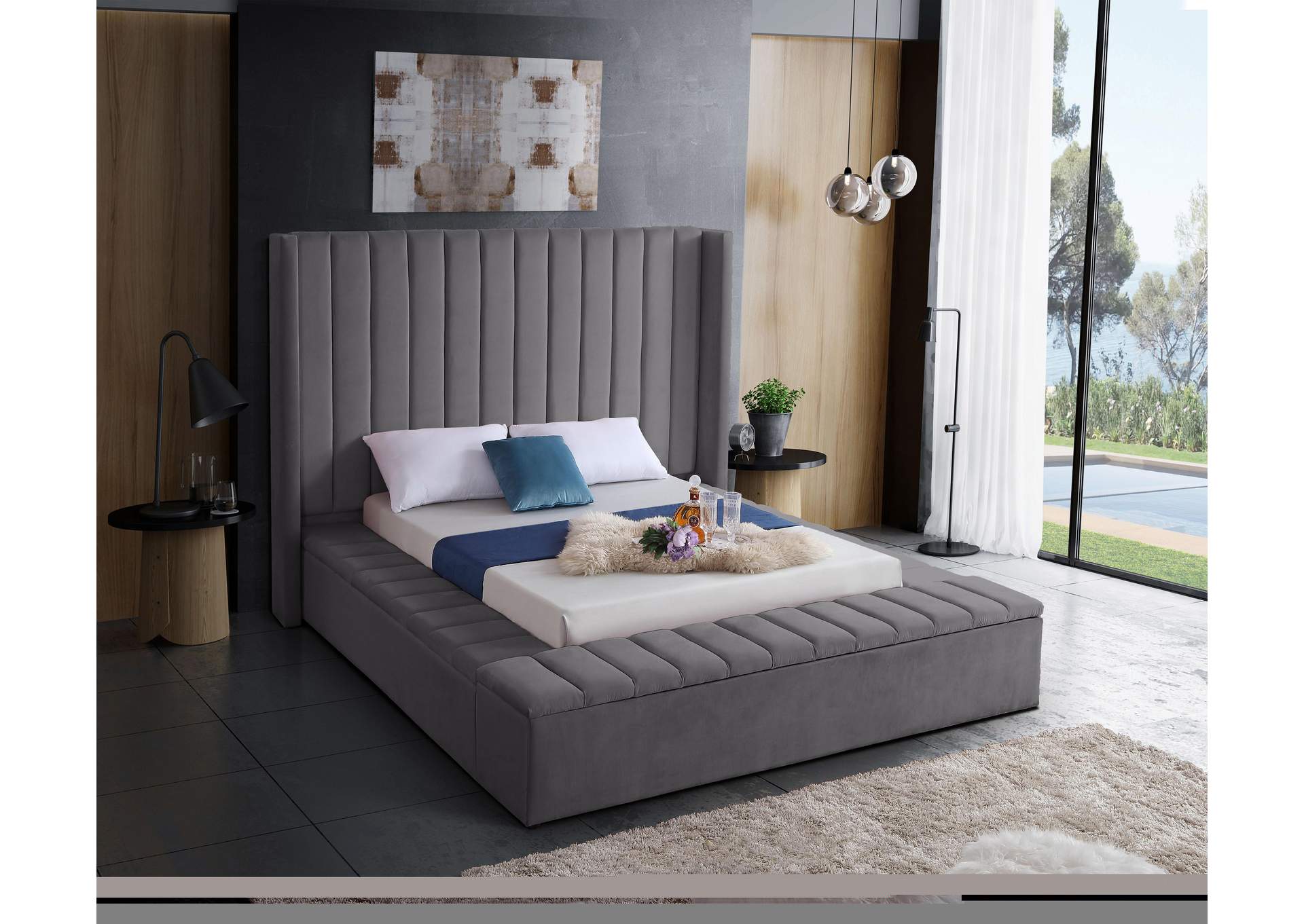 Kiki Grey Velvet Queen Bed (3 Boxes),Meridian Furniture