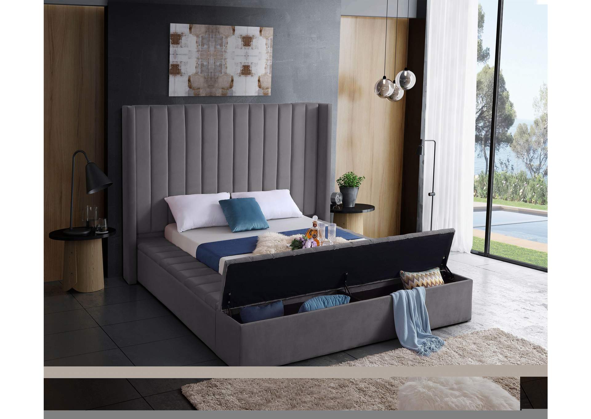 Kiki Grey Velvet Queen Bed (3 Boxes),Meridian Furniture