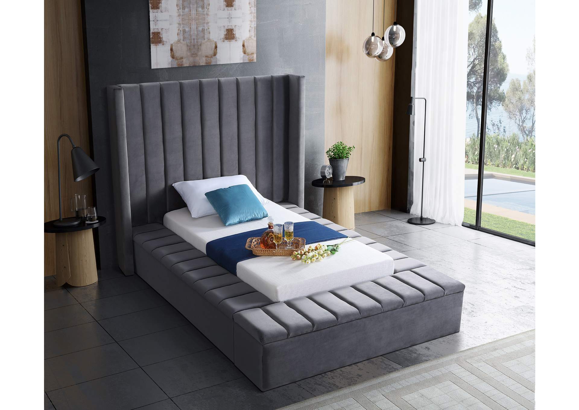 Kiki Grey Velvet Twin Bed (3 Boxes),Meridian Furniture