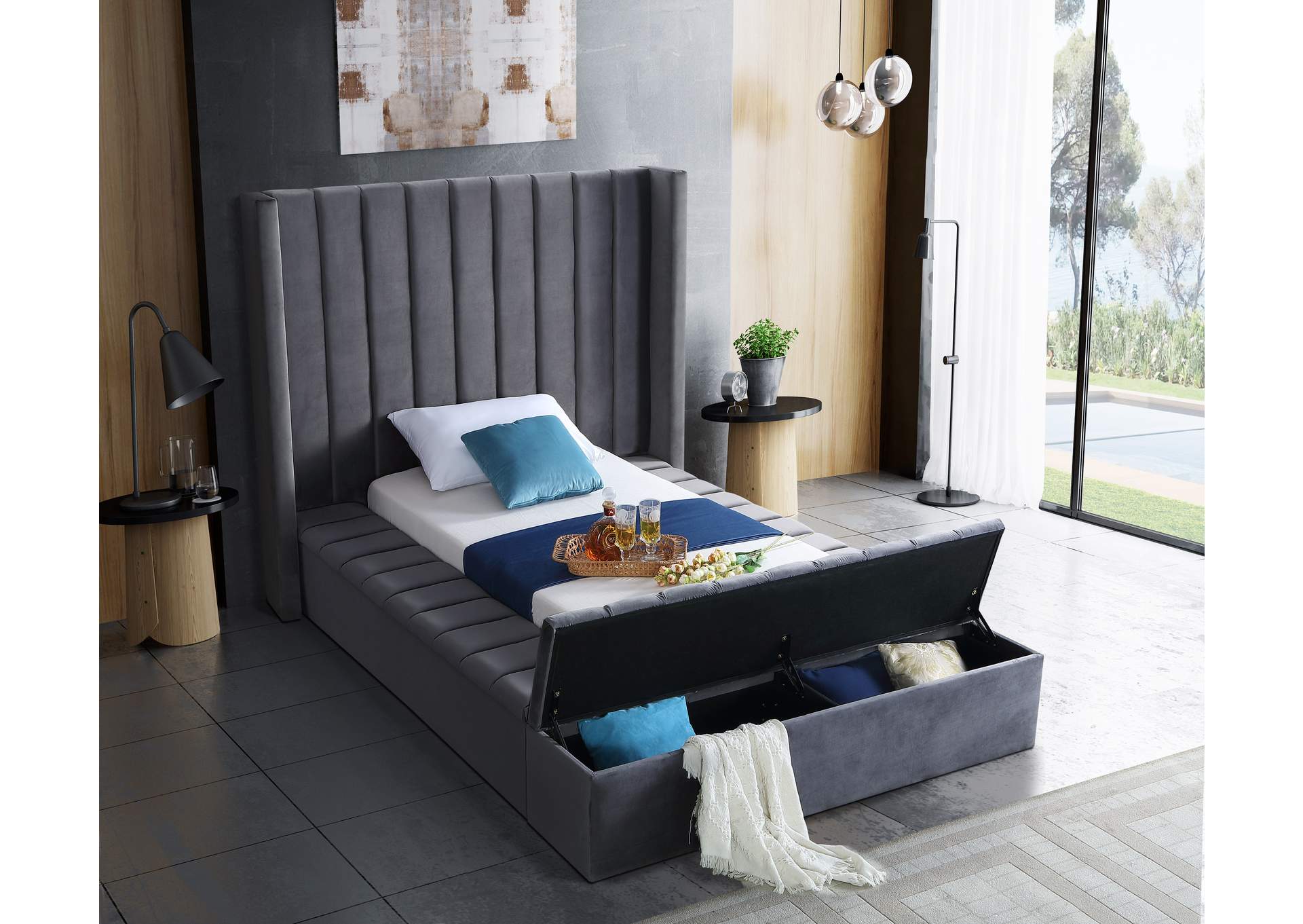 Kiki Grey Velvet Twin Bed (3 Boxes),Meridian Furniture