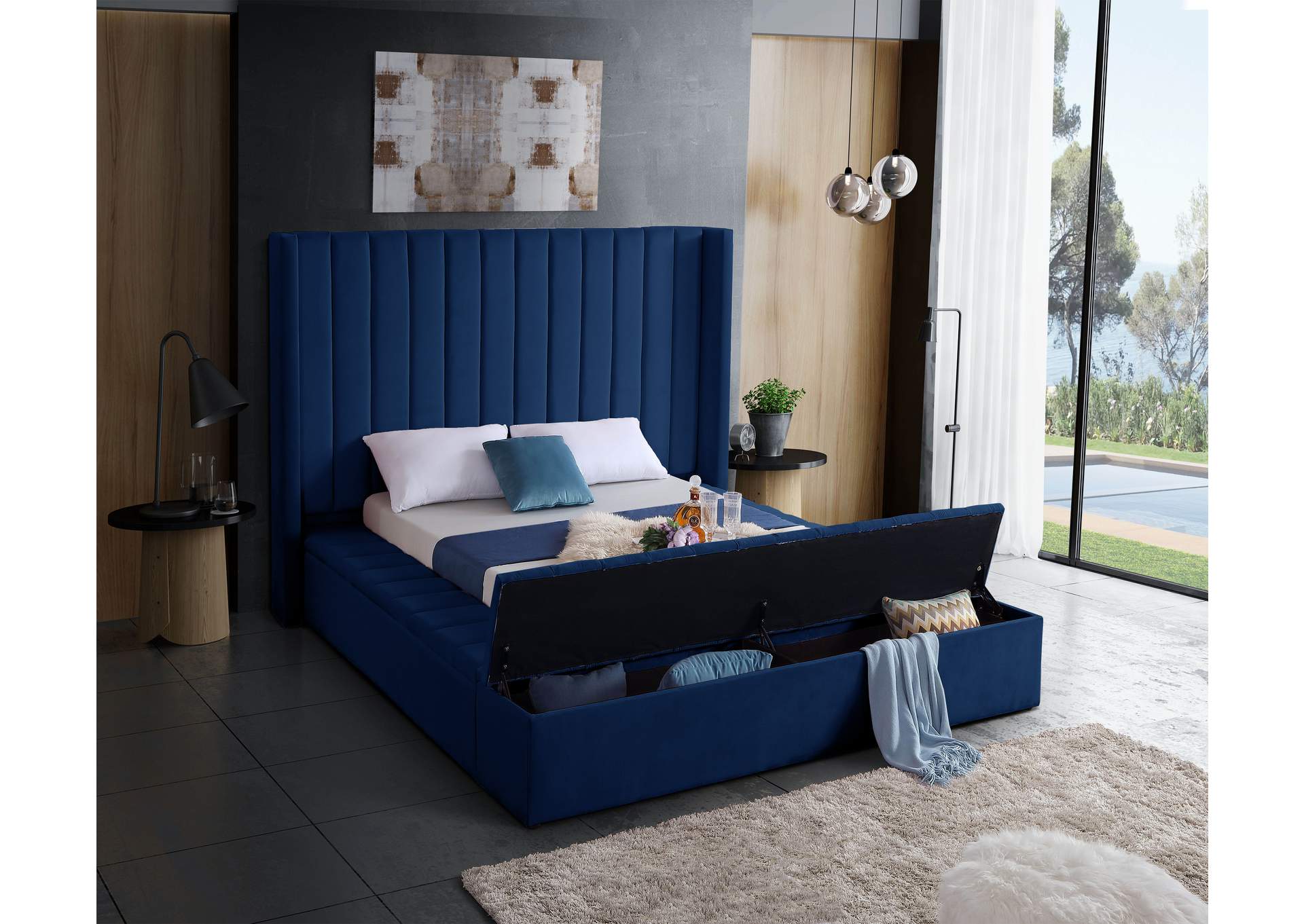 Kiki Navy Velvet Queen Bed (3 Boxes),Meridian Furniture