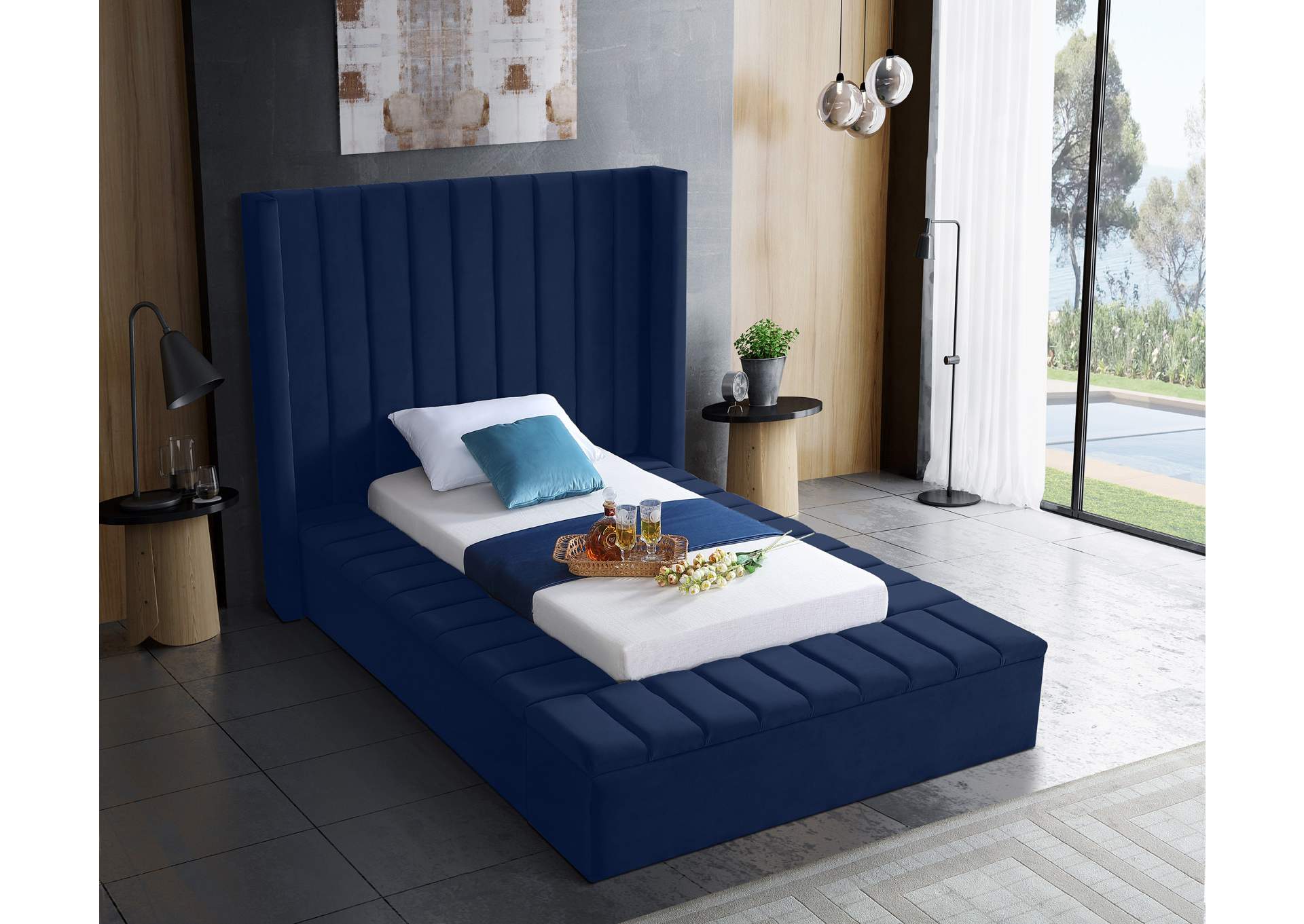 Kiki Navy Velvet Twin Bed (3 Boxes),Meridian Furniture