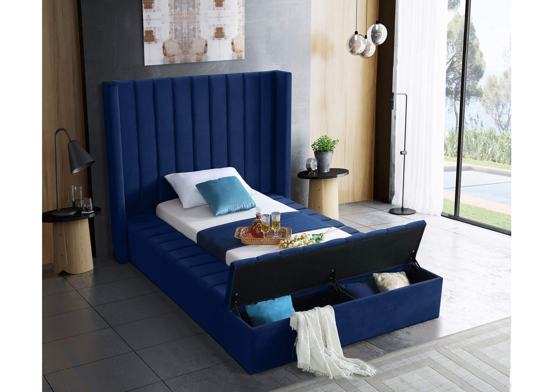 Kiki Navy Velvet Twin Bed (3 Boxes),Meridian Furniture