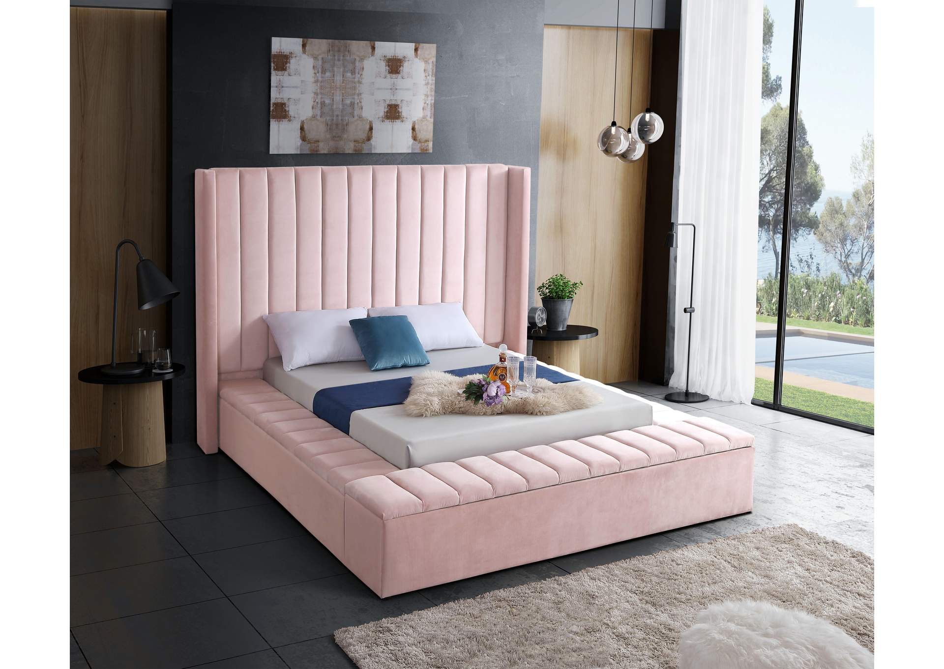 Kiki Pink Velvet Full Bed (3 Boxes),Meridian Furniture