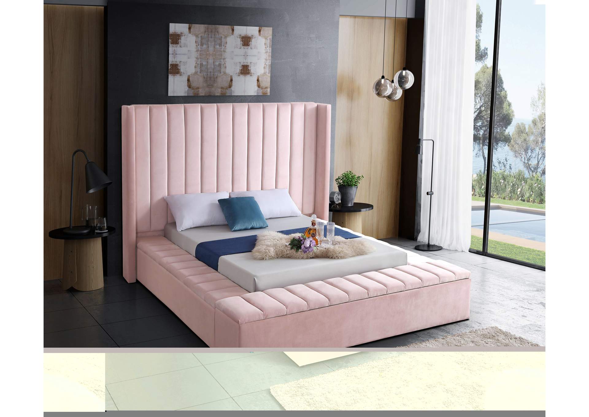 Kiki Pink Velvet King Bed (3 Boxes),Meridian Furniture