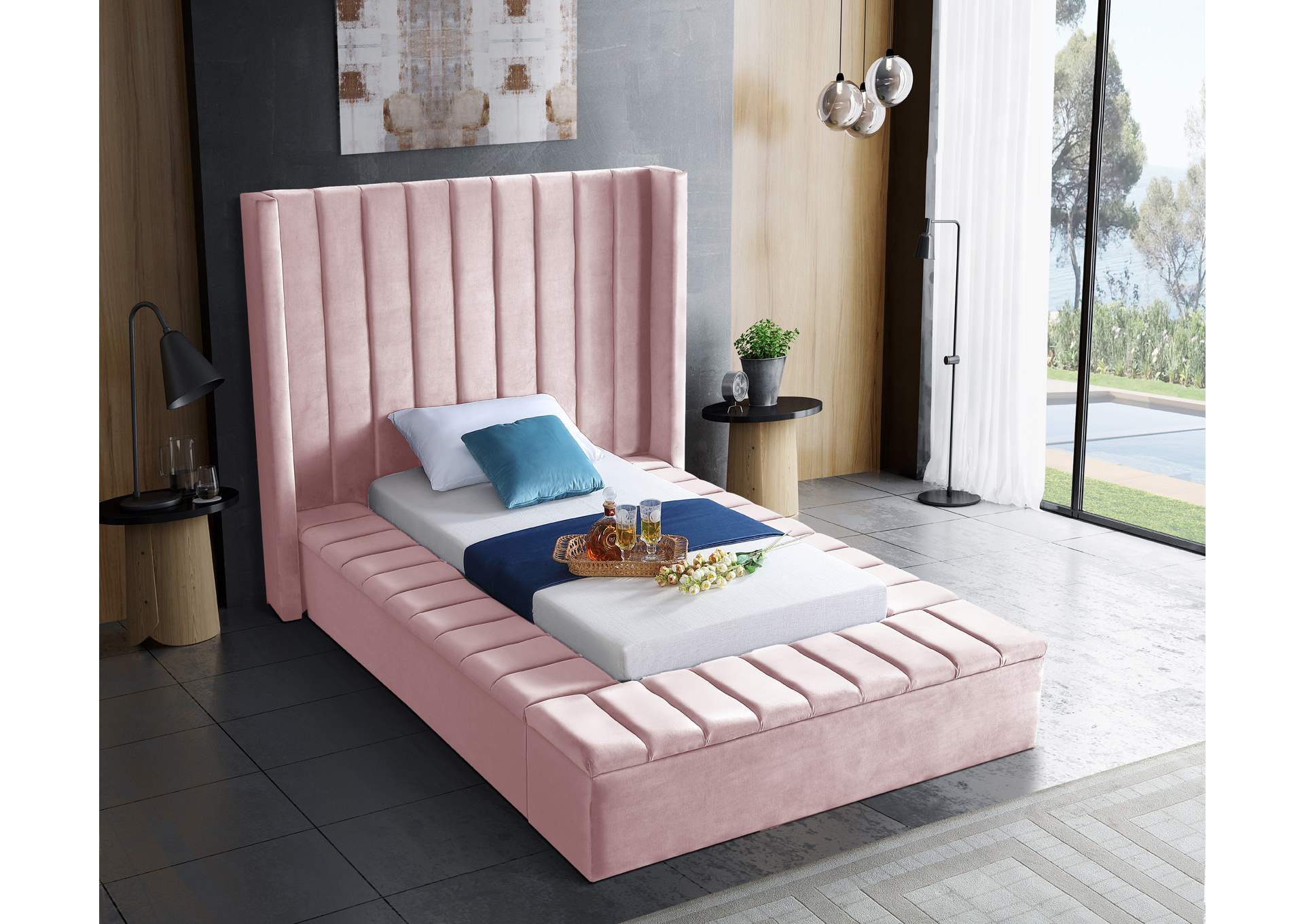 Kiki Pink Velvet Twin Bed (3 Boxes),Meridian Furniture