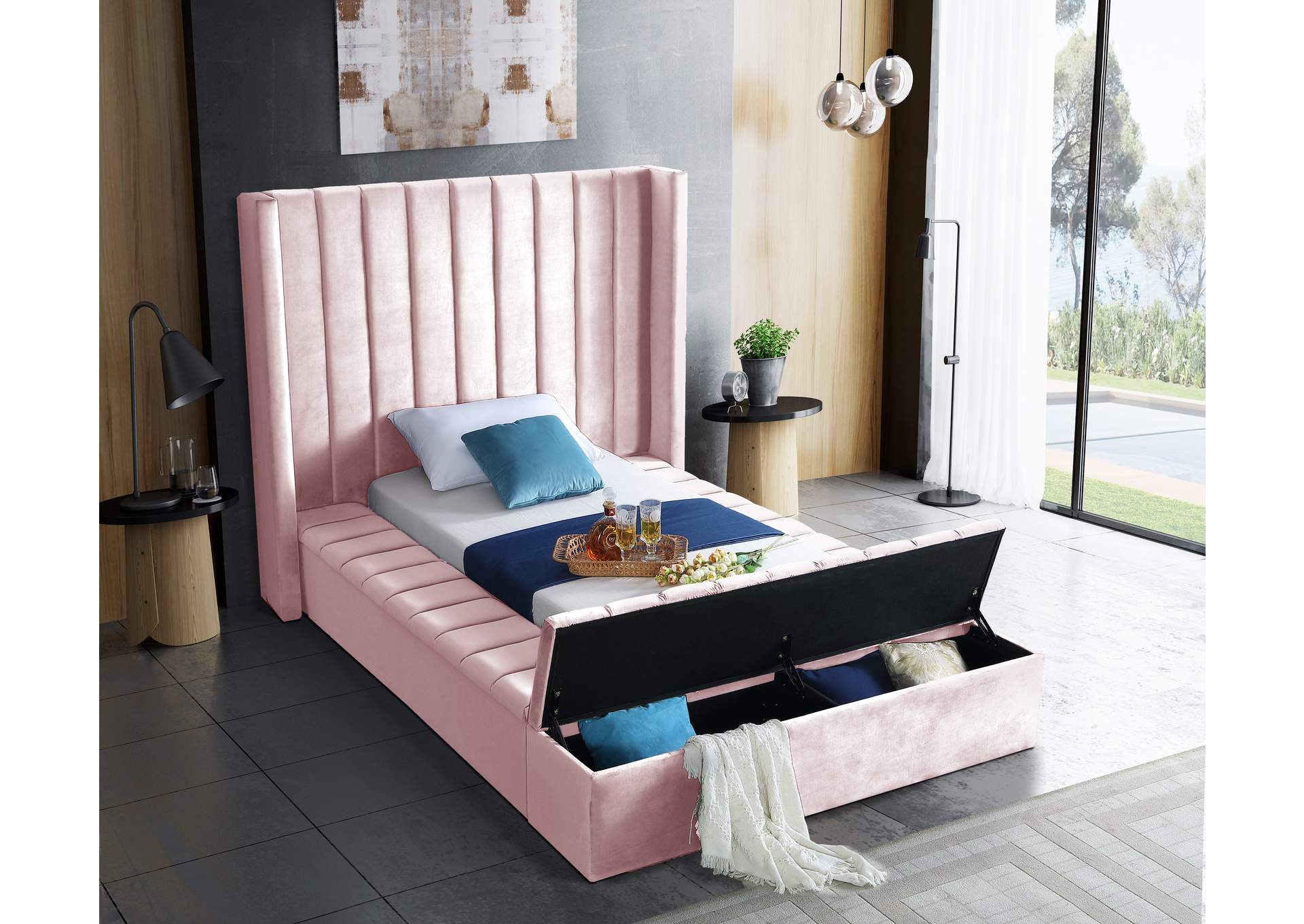 Kiki Pink Velvet Twin Bed (3 Boxes),Meridian Furniture