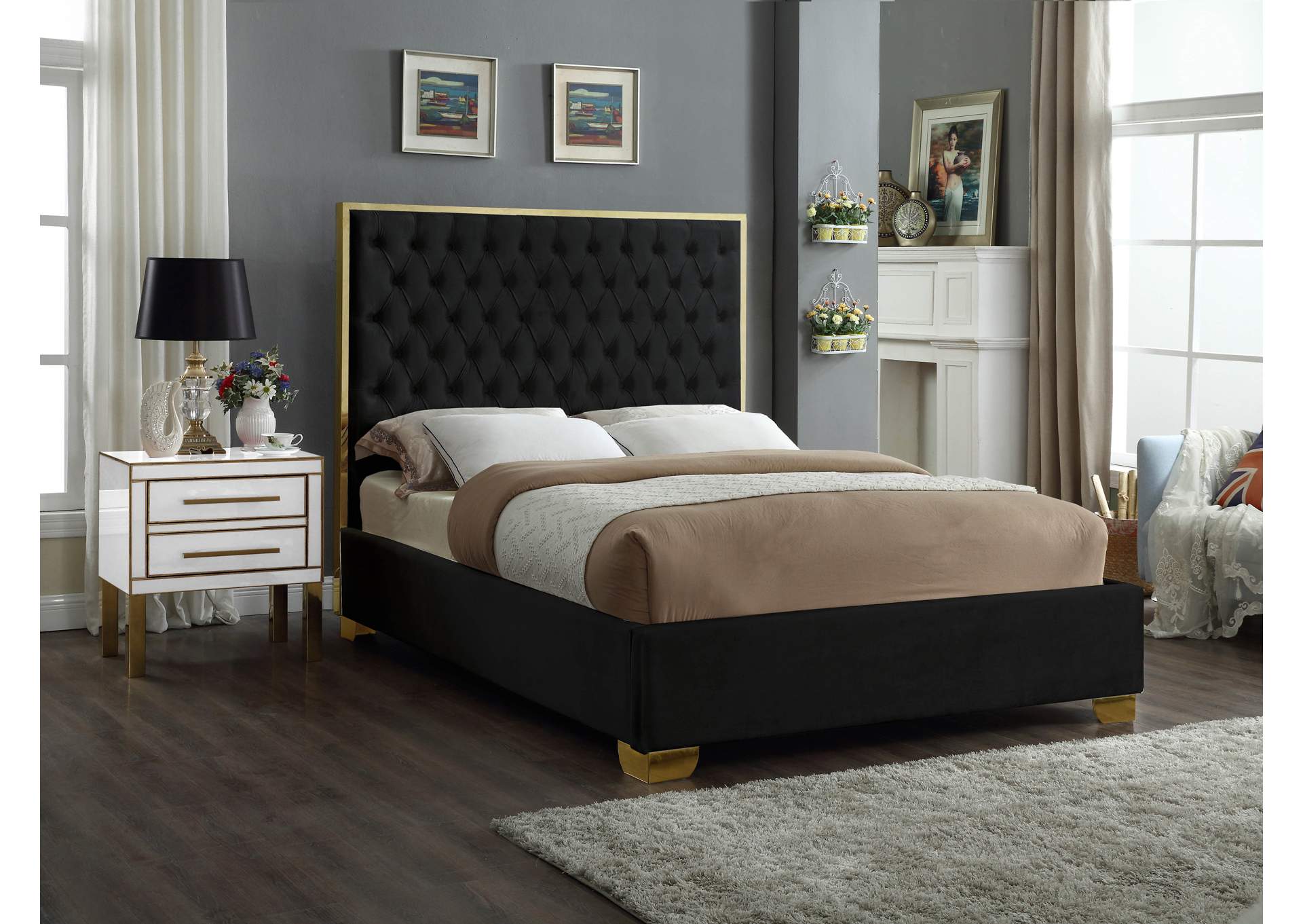 Lana Black Velvet Full Bed,Meridian Furniture