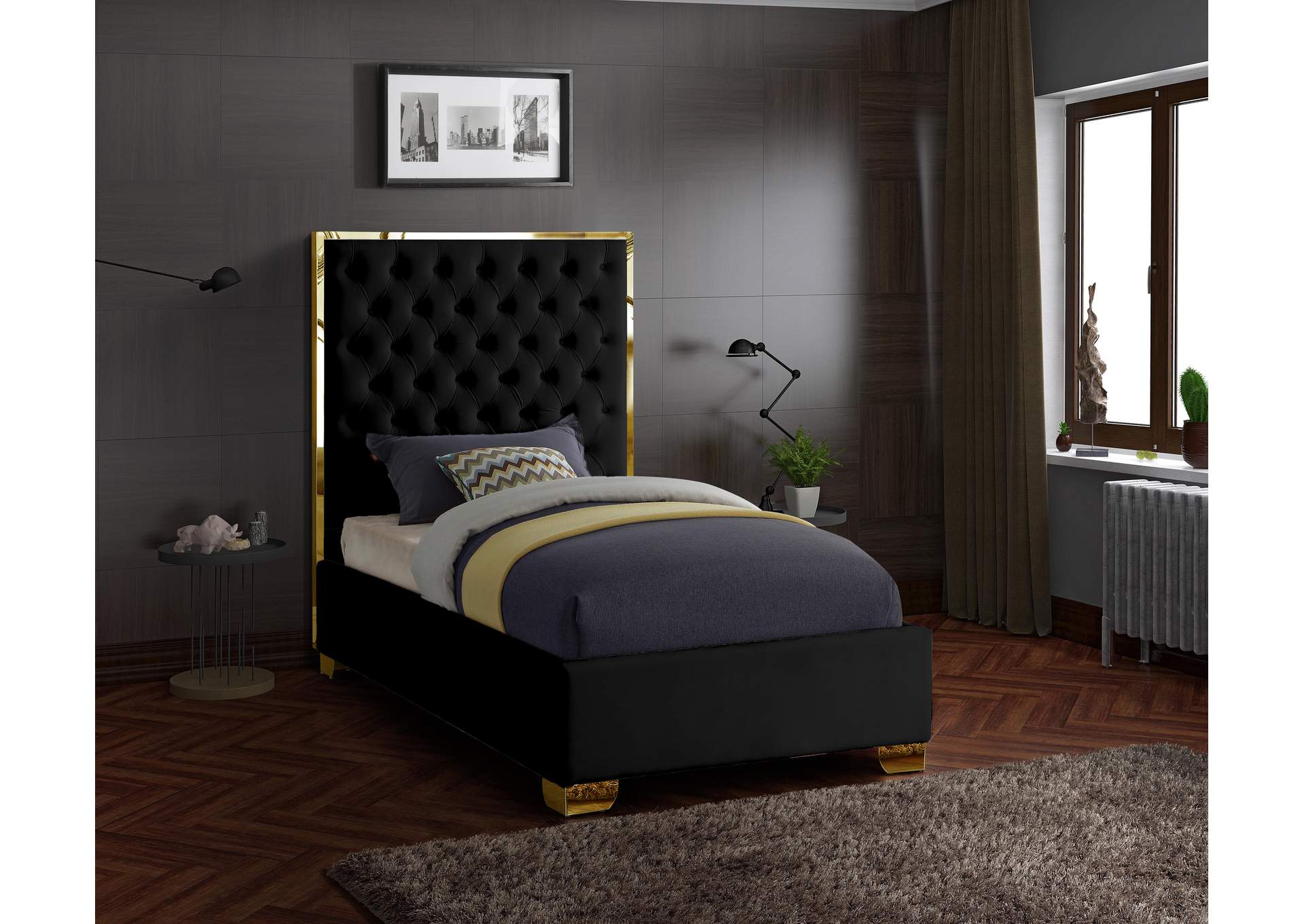 Lana Black Velvet Twin Bed,Meridian Furniture