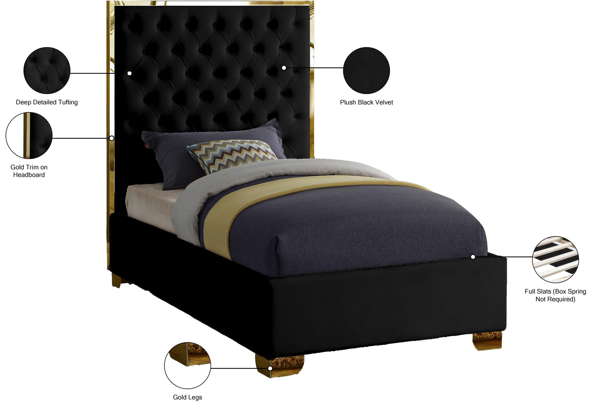 Lana Black Velvet Twin Bed,Meridian Furniture