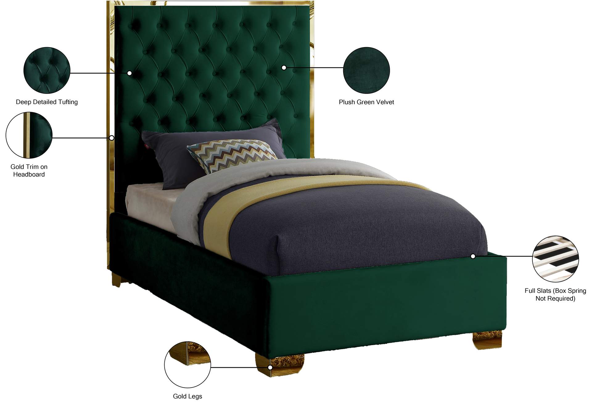 Lana Green Velvet Twin Bed,Meridian Furniture