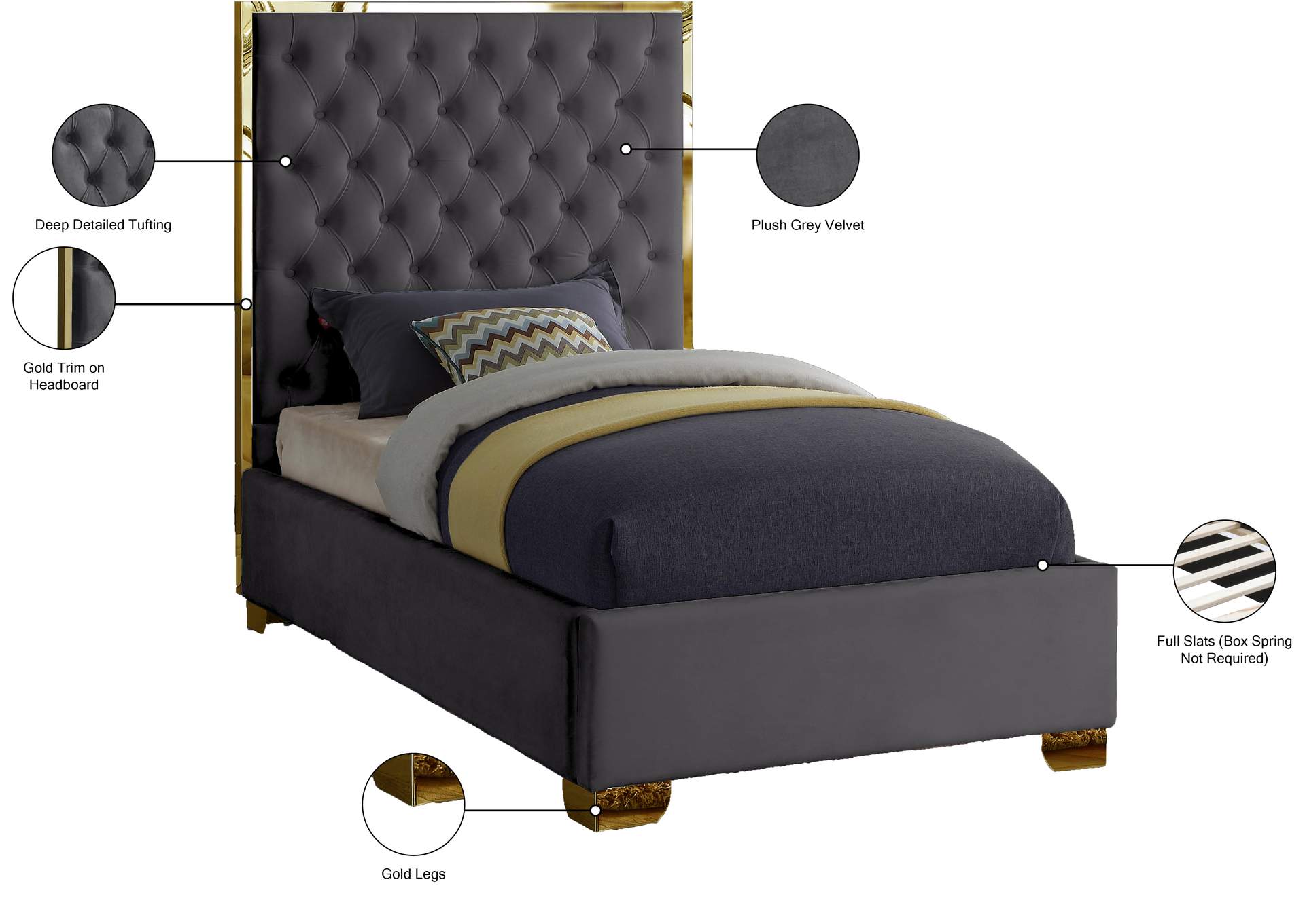 Lana Grey Velvet Twin Bed,Meridian Furniture