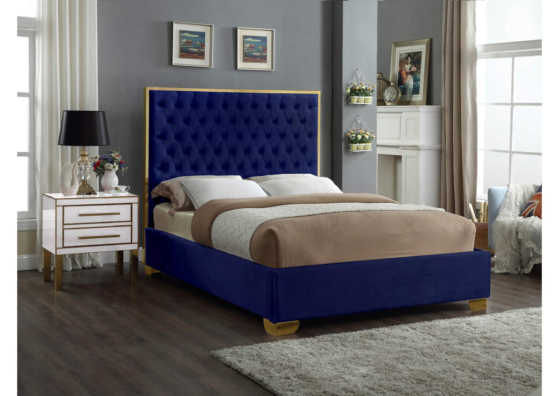 Lana Navy Velvet King Bed,Meridian Furniture