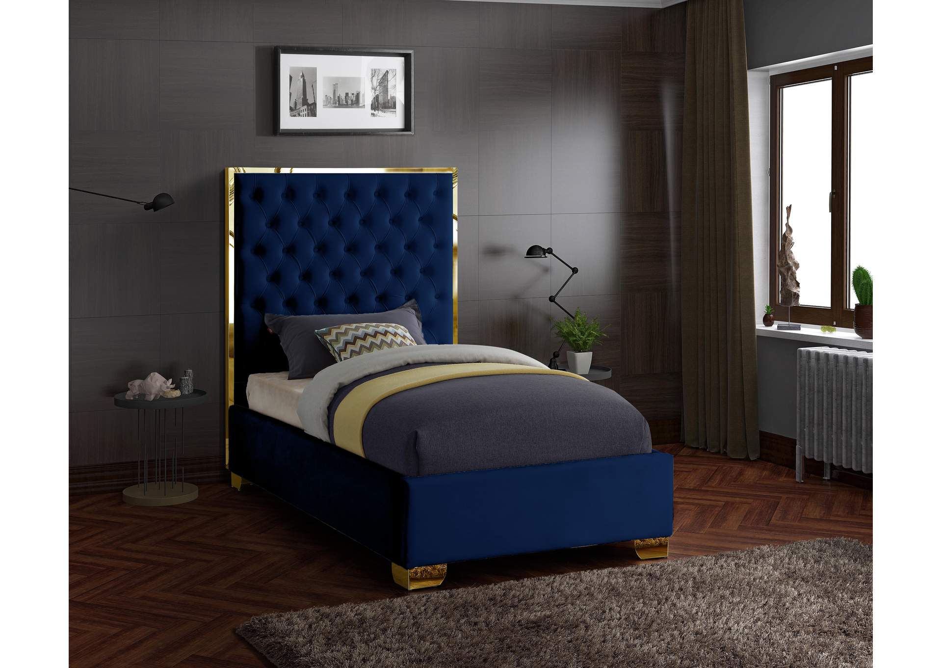 Lana Navy Velvet Twin Bed,Meridian Furniture