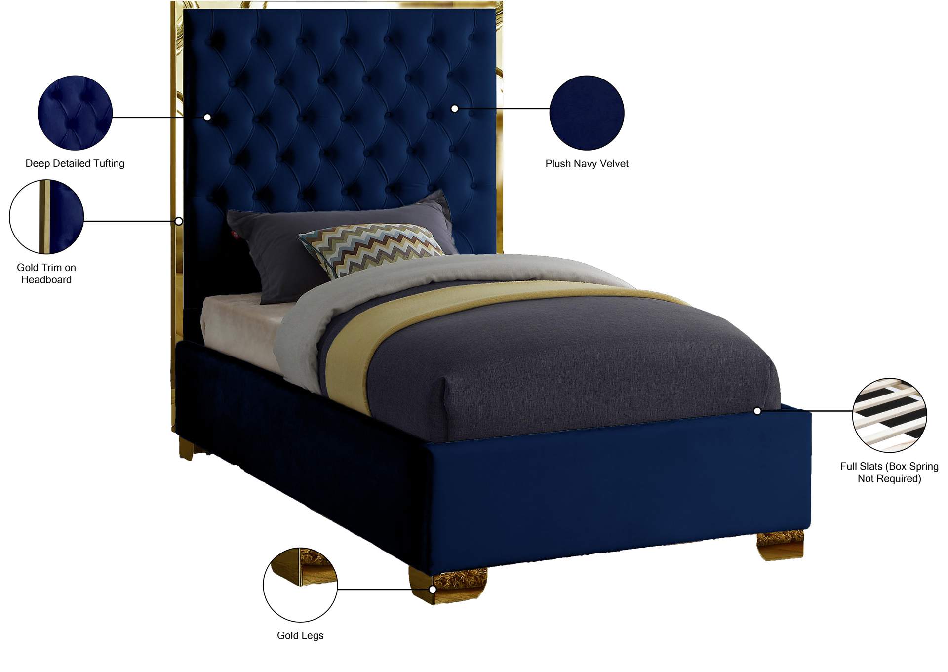 Lana Navy Velvet Twin Bed,Meridian Furniture