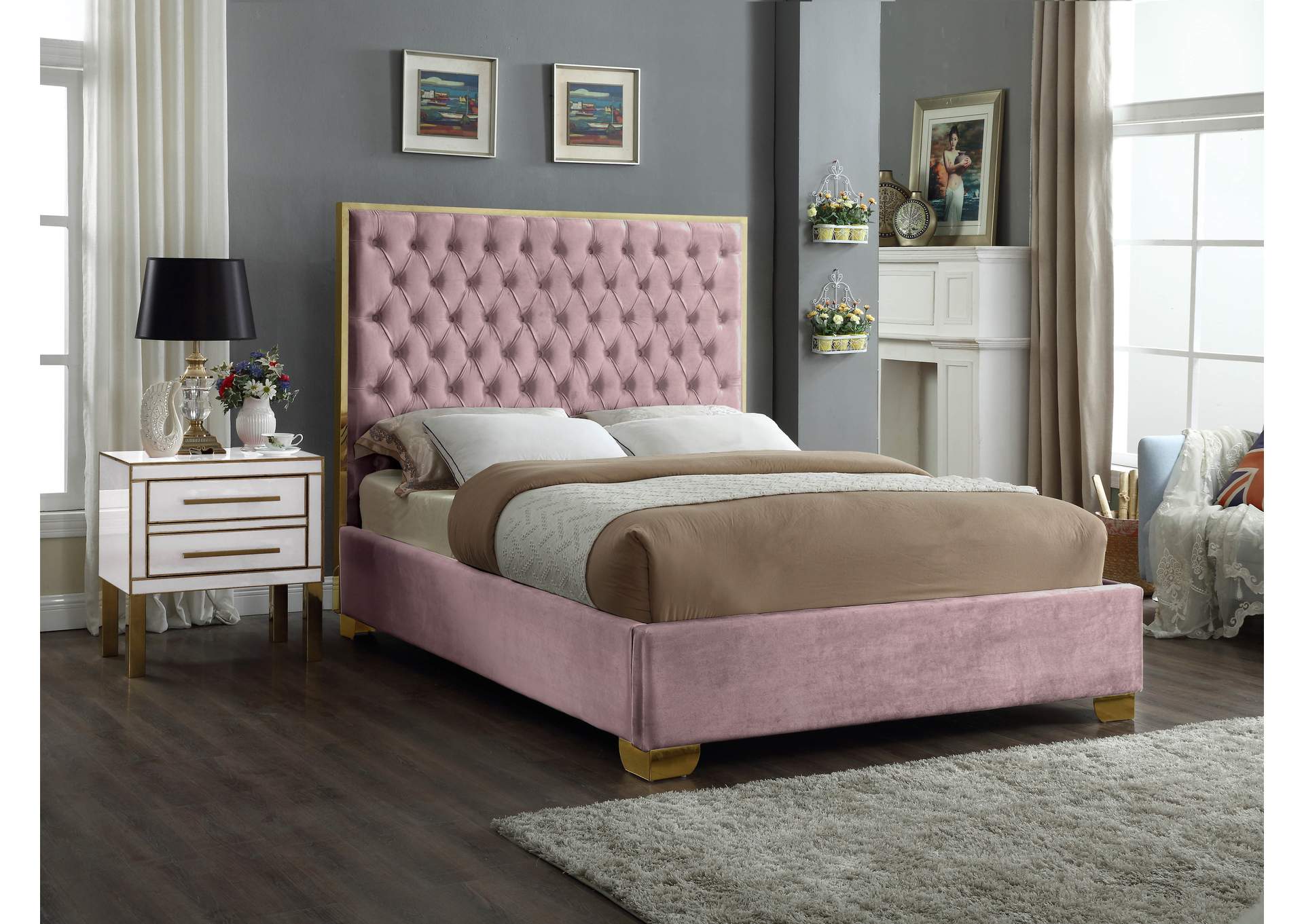 Lana Pink Velvet Full Bed,Meridian Furniture