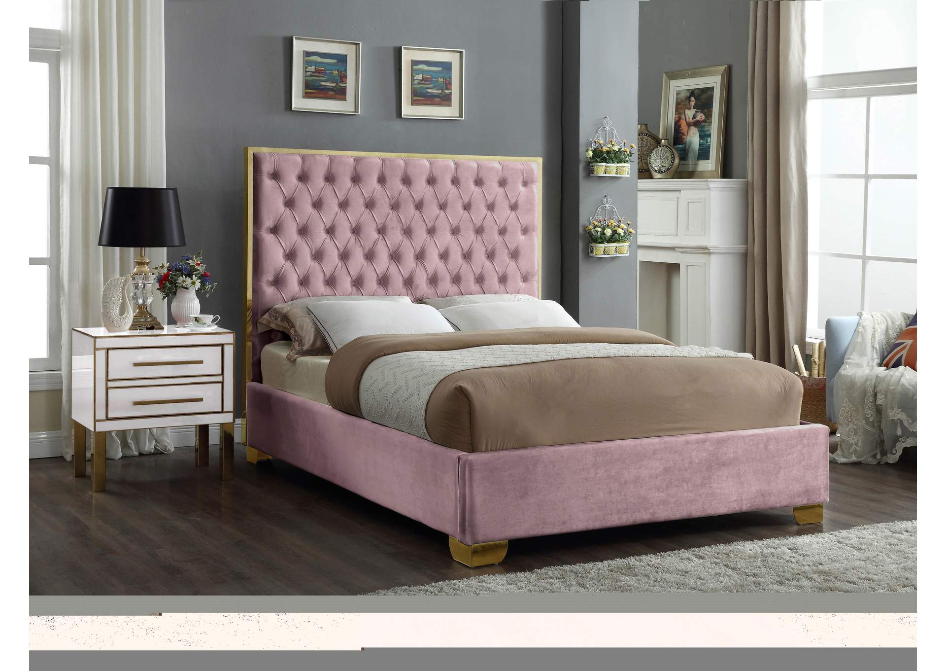 Lana Pink Velvet Queen Bed,Meridian Furniture