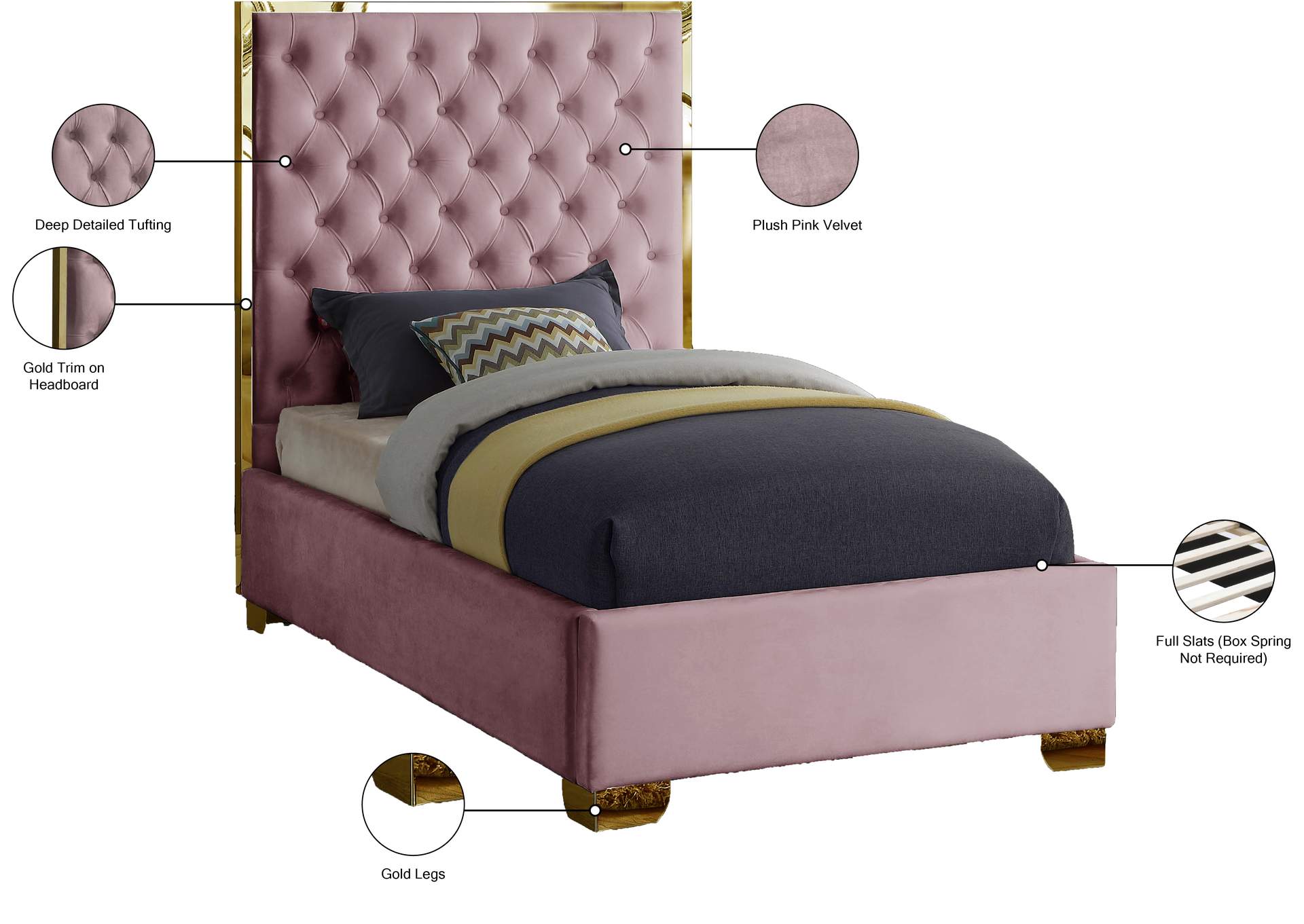 Lana Pink Velvet Twin Bed,Meridian Furniture