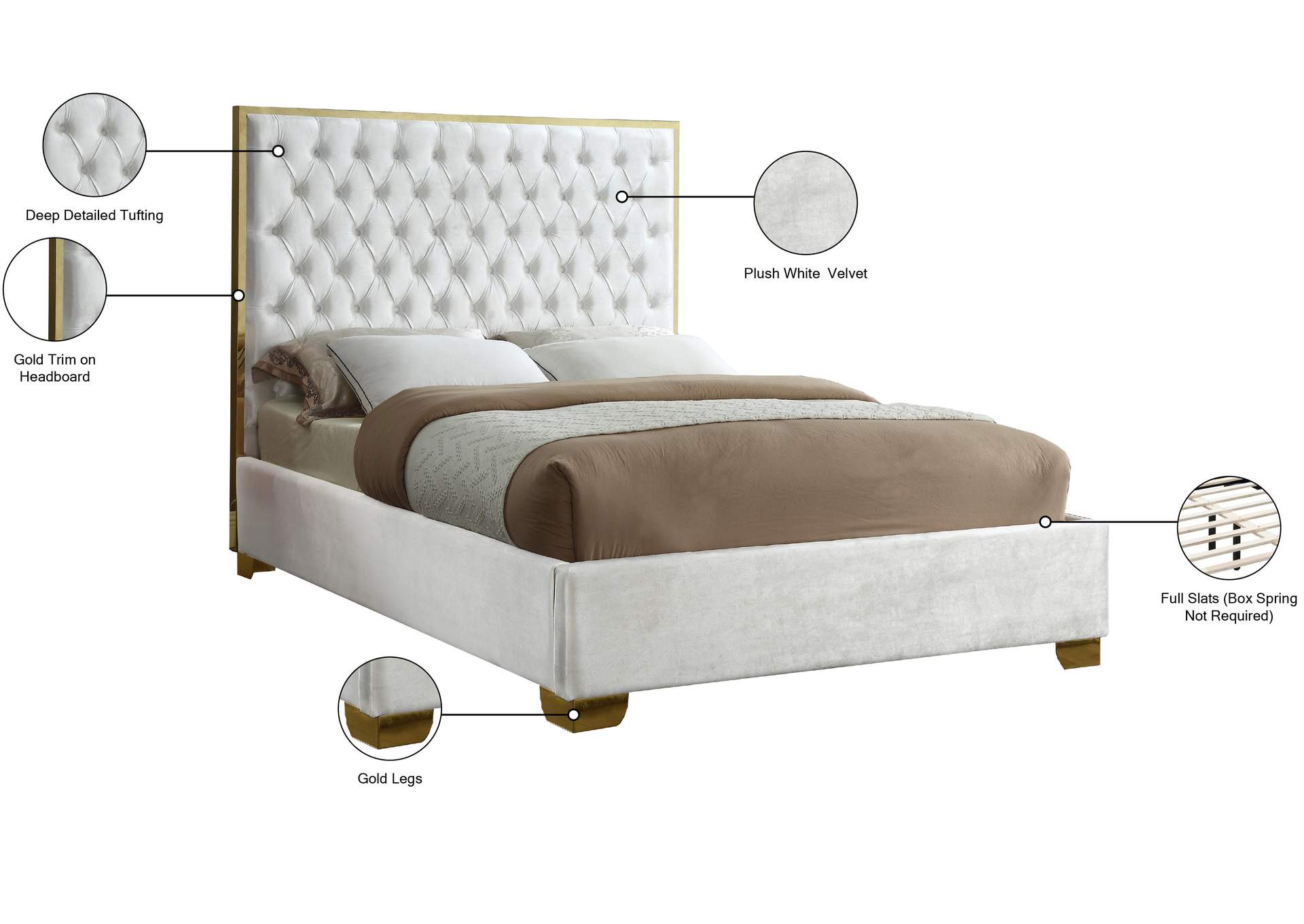 Lana White Velvet Queen Bed,Meridian Furniture