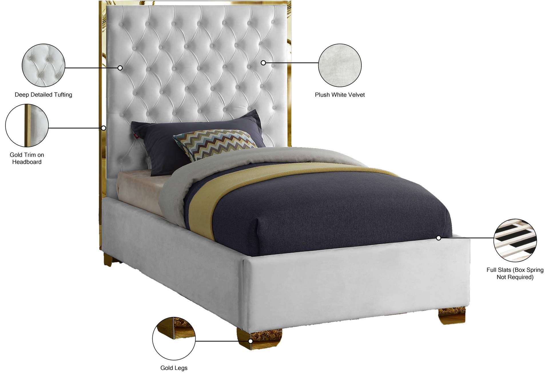 Lana White Velvet Twin Bed,Meridian Furniture