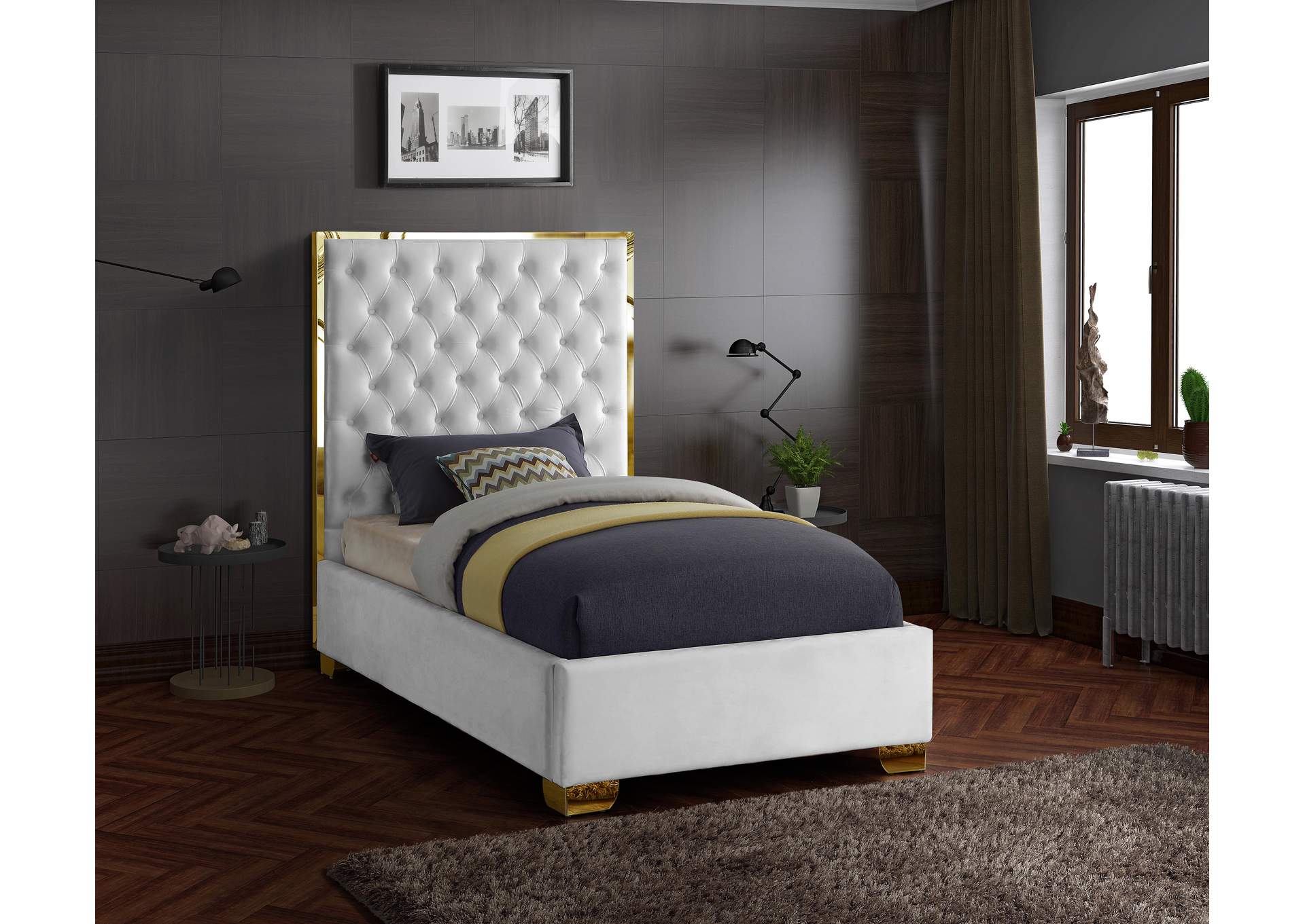 Lana White Velvet Twin Bed,Meridian Furniture