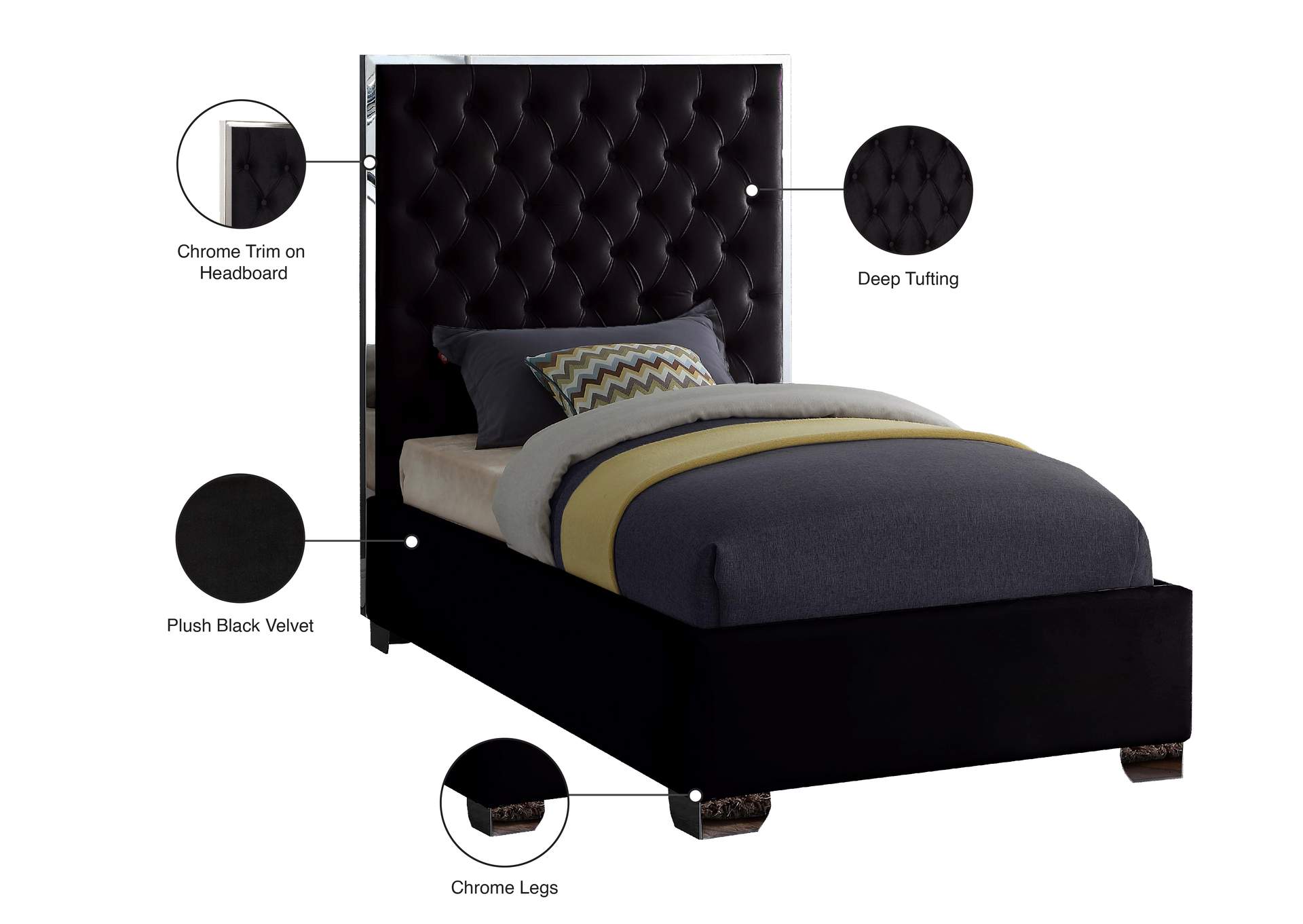 Lexi Black Velvet Twin Bed,Meridian Furniture