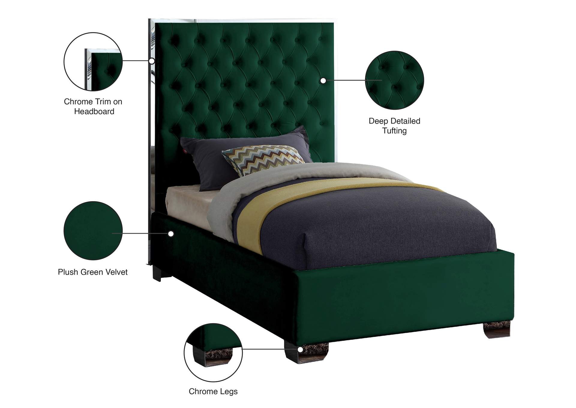 Lexi Green Velvet Twin Bed,Meridian Furniture