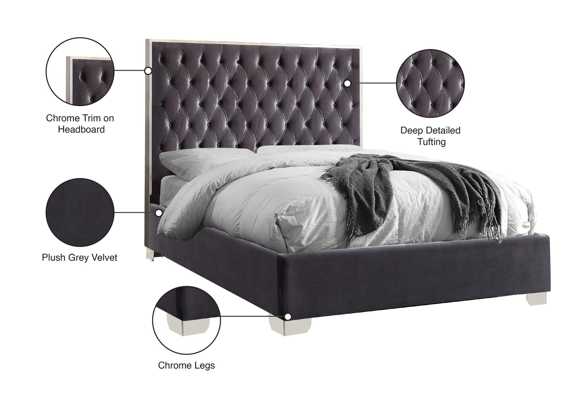 Lexi Grey Velvet Queen Bed,Meridian Furniture