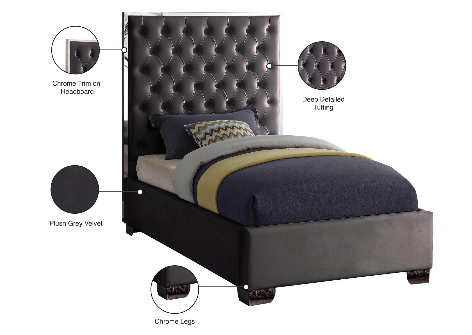 Lexi Grey Velvet Twin Bed,Meridian Furniture