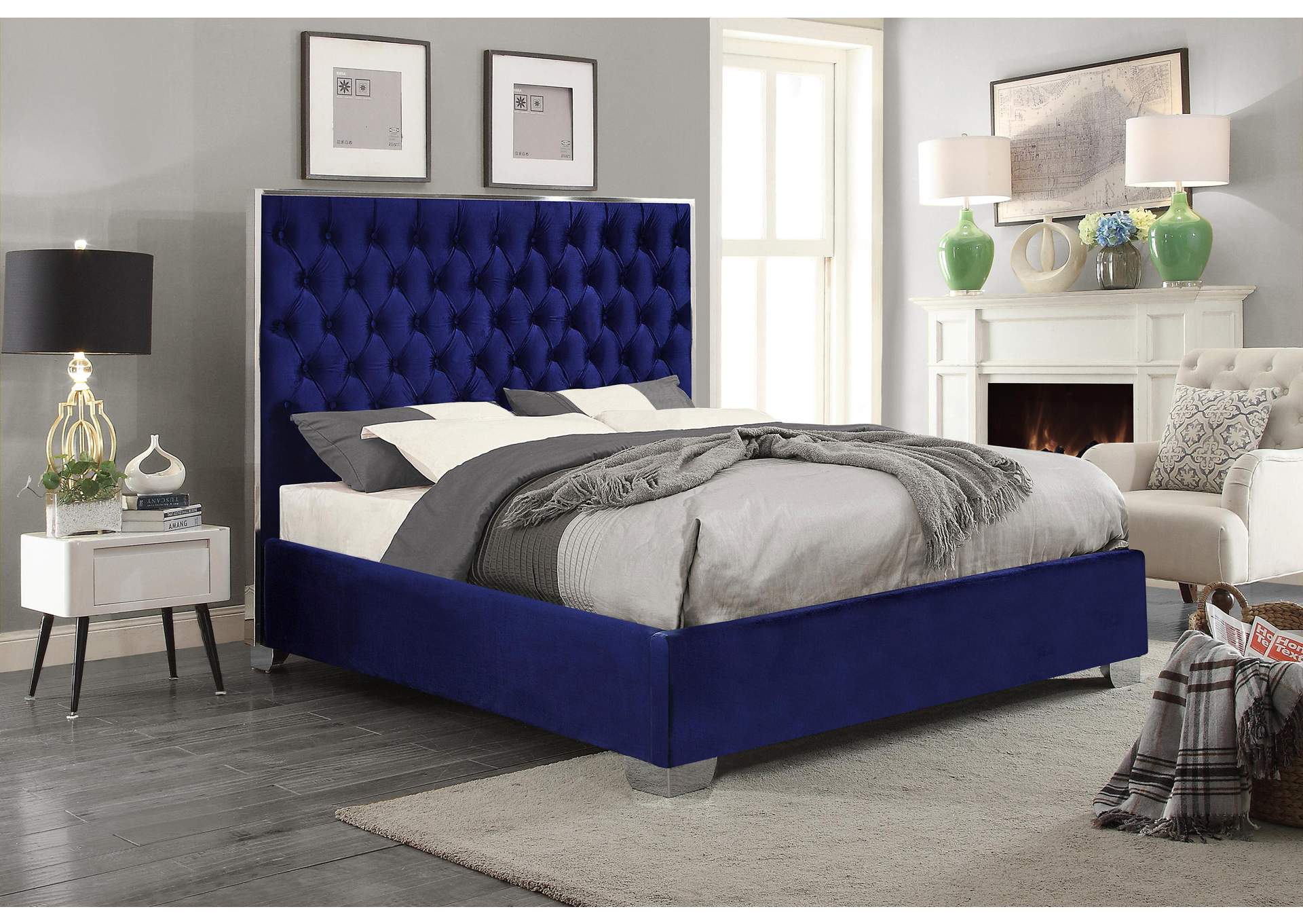 Lexi Navy Velvet Queen Bed,Meridian Furniture