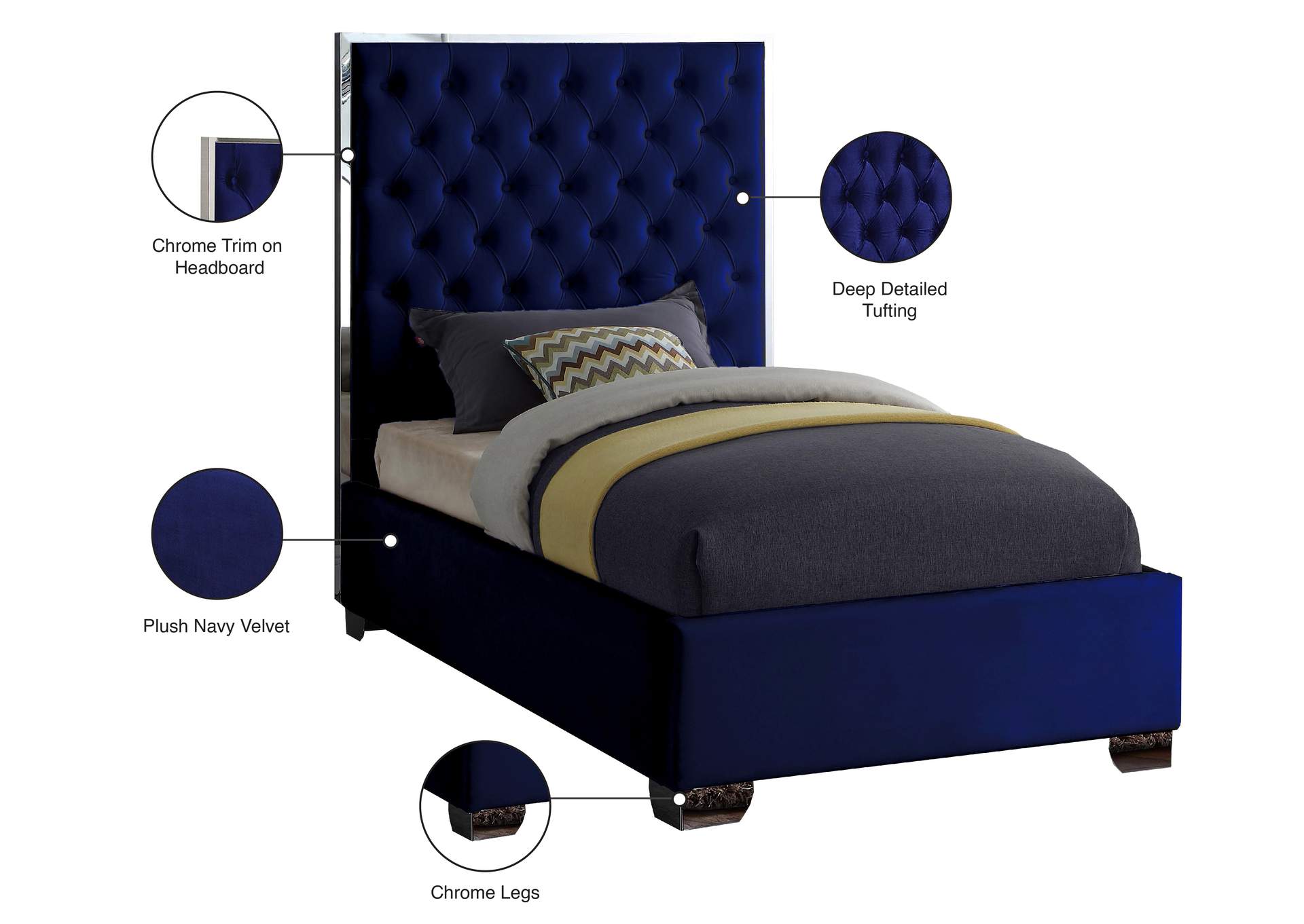 Lexi Navy Velvet Twin Bed,Meridian Furniture