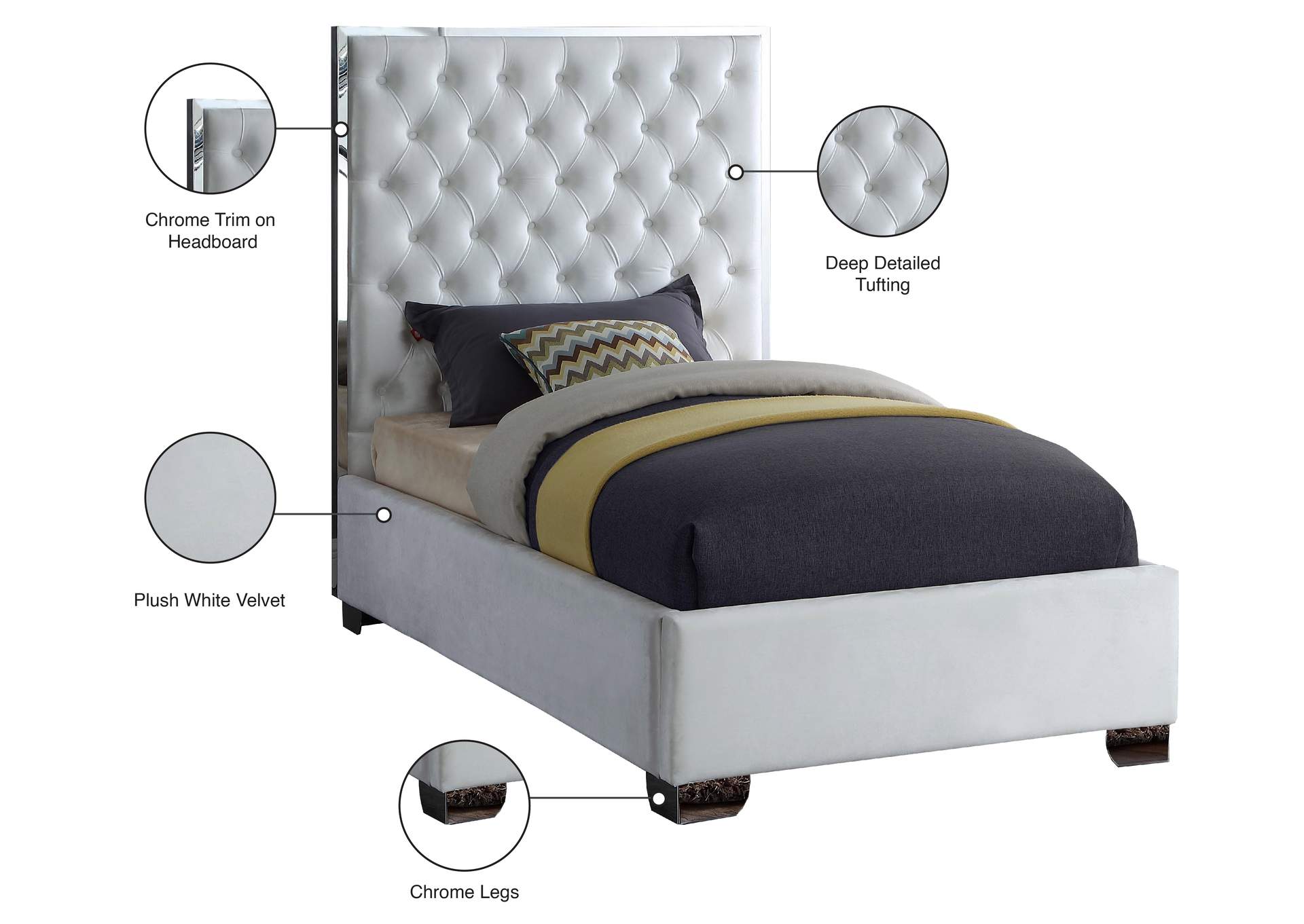 Lexi White Velvet Twin Bed,Meridian Furniture