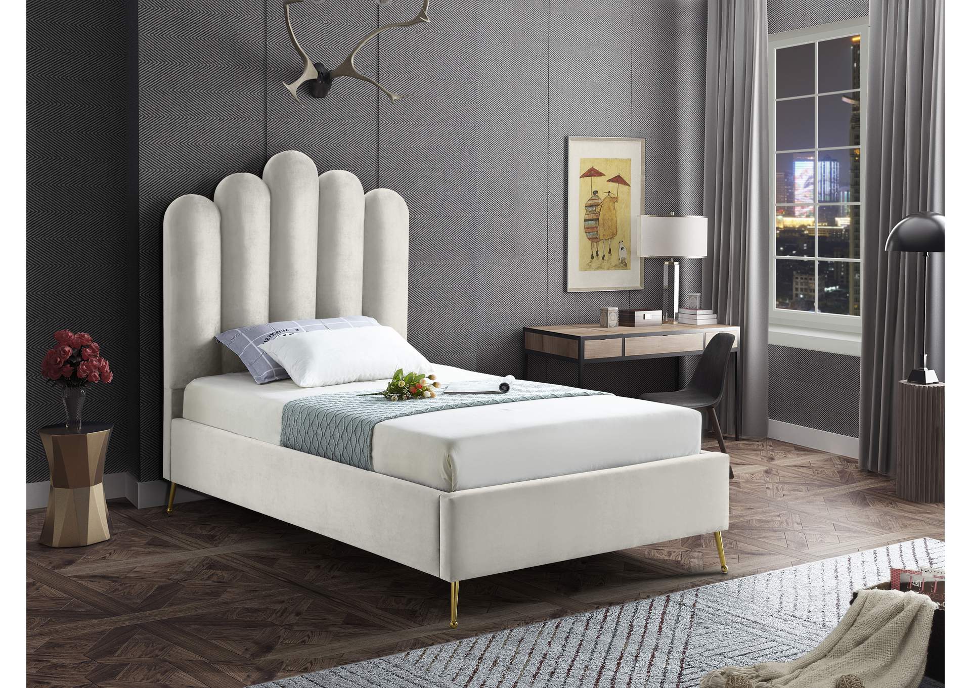 Lily Cream Velvet Twin Bed,Meridian Furniture