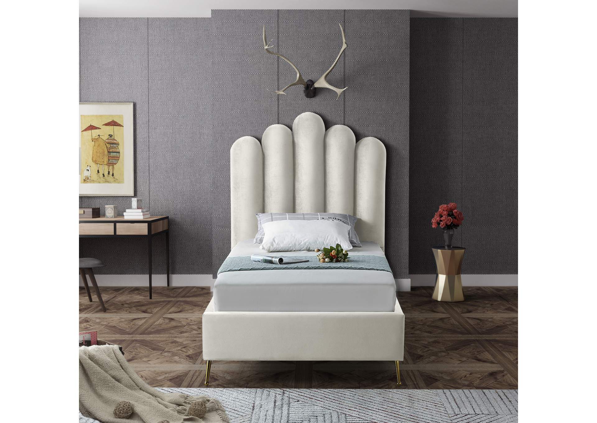 Lily Cream Velvet Twin Bed,Meridian Furniture