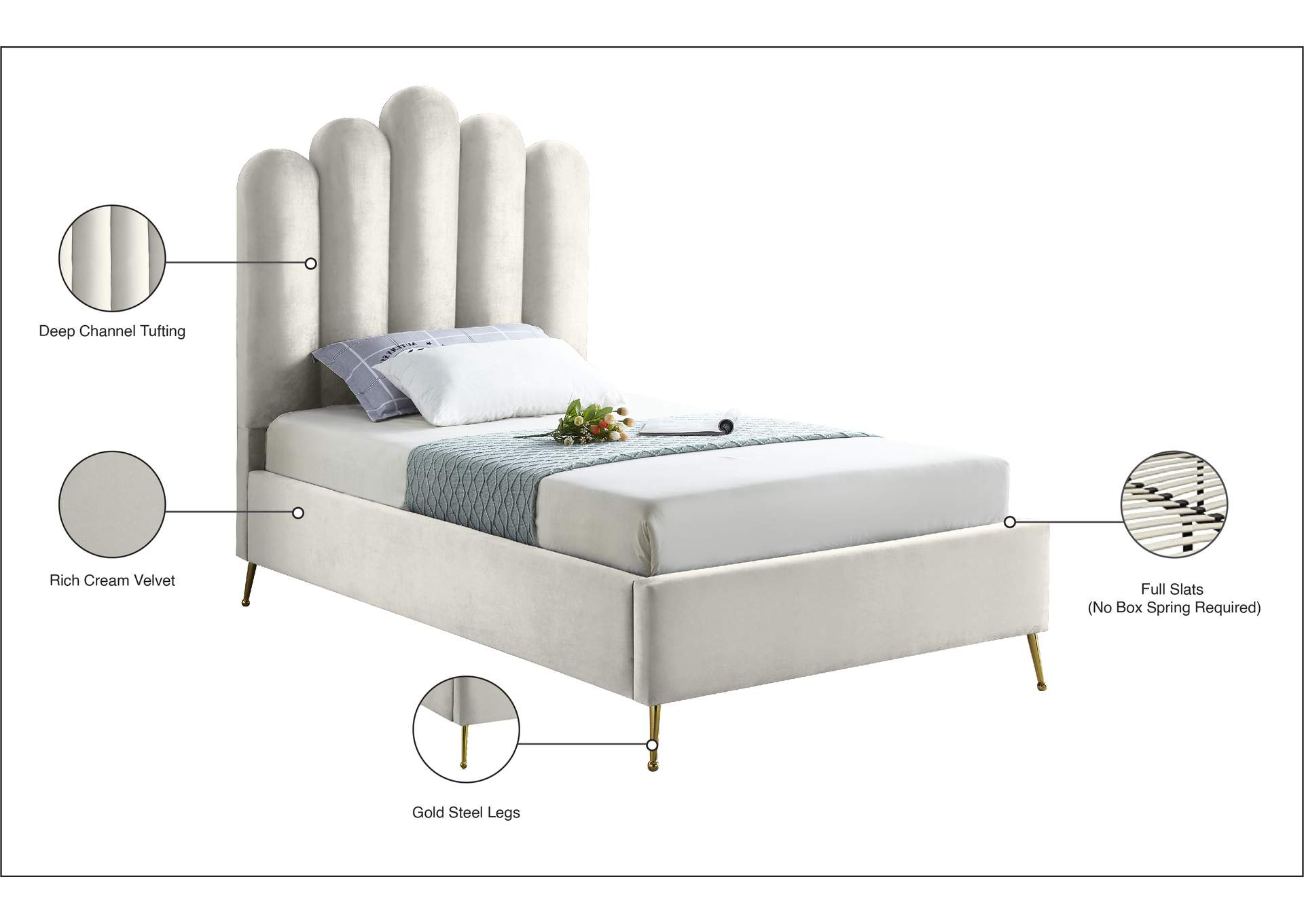 Lily Cream Velvet Twin Bed,Meridian Furniture