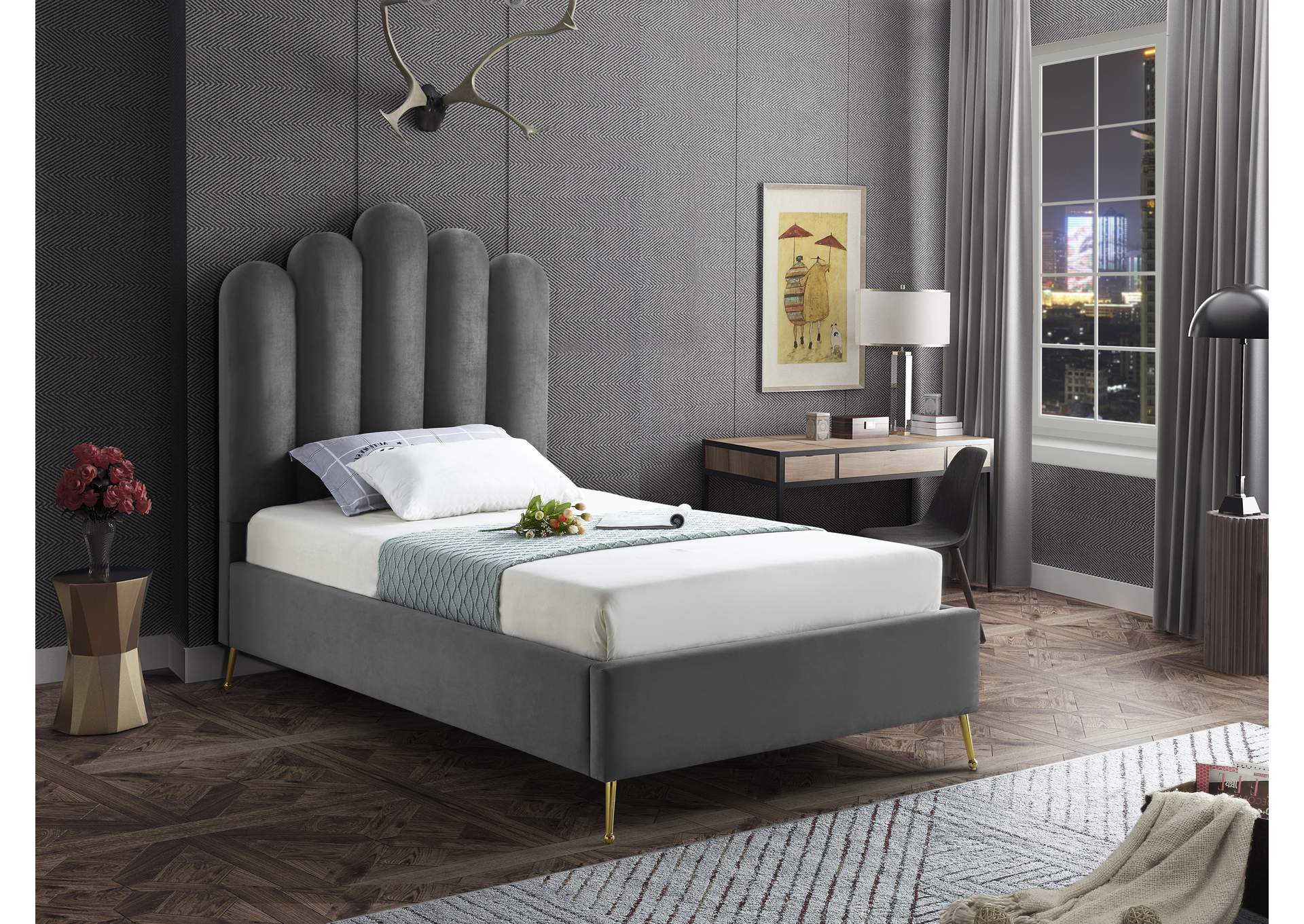 Lily Grey Velvet Twin Bed,Meridian Furniture