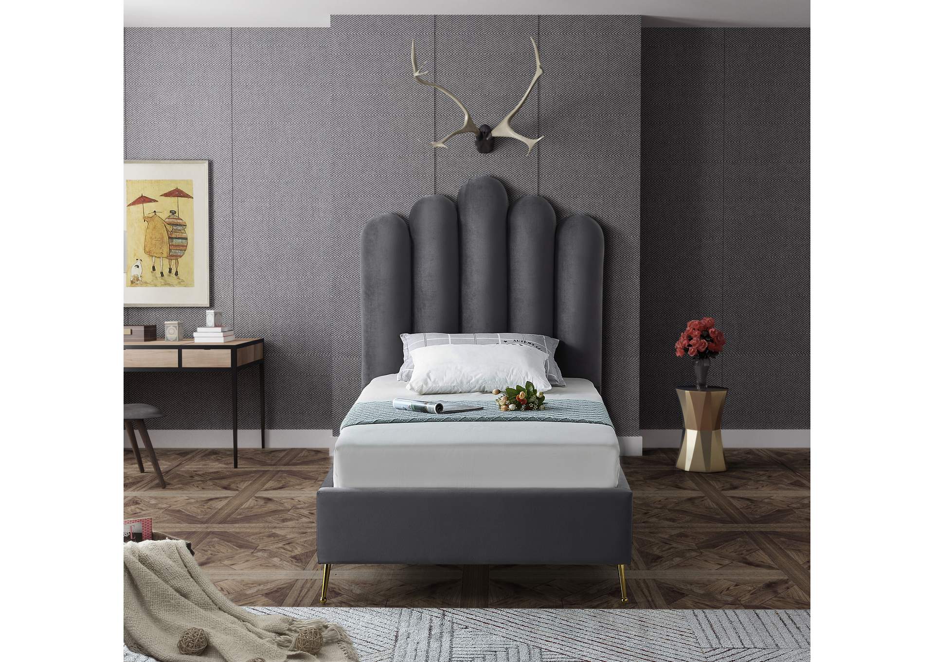 Lily Grey Velvet Twin Bed,Meridian Furniture