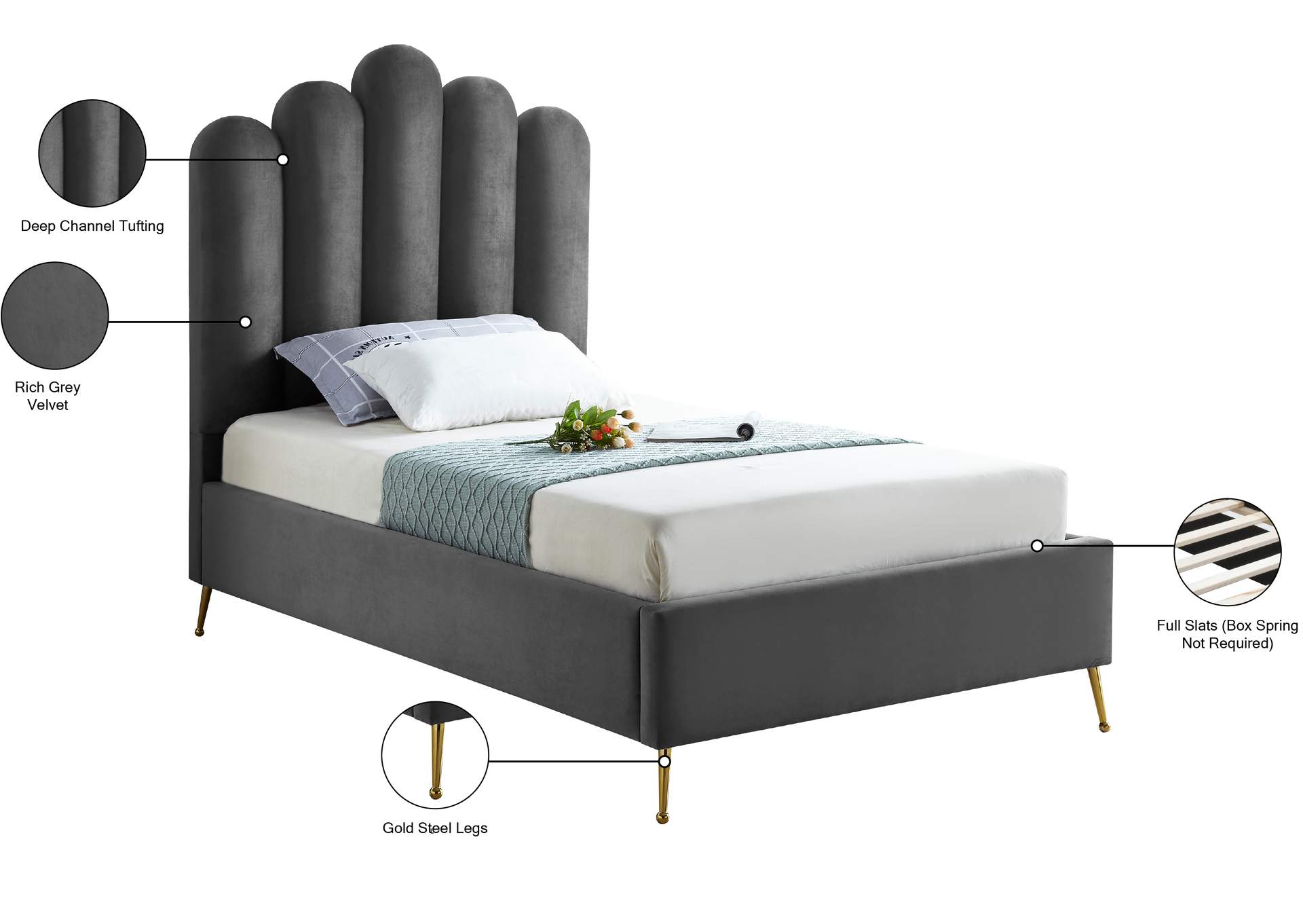 Lily Grey Velvet Twin Bed,Meridian Furniture