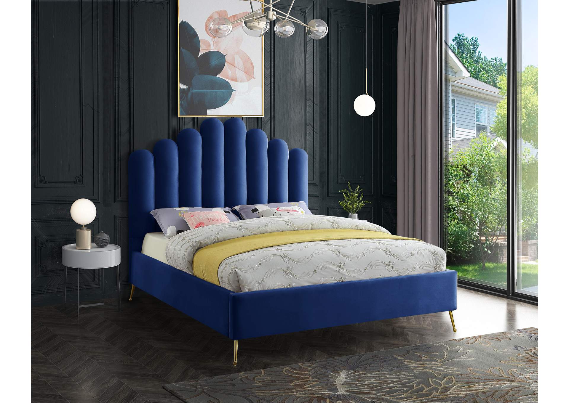 Lily Navy Velvet Queen Bed,Meridian Furniture