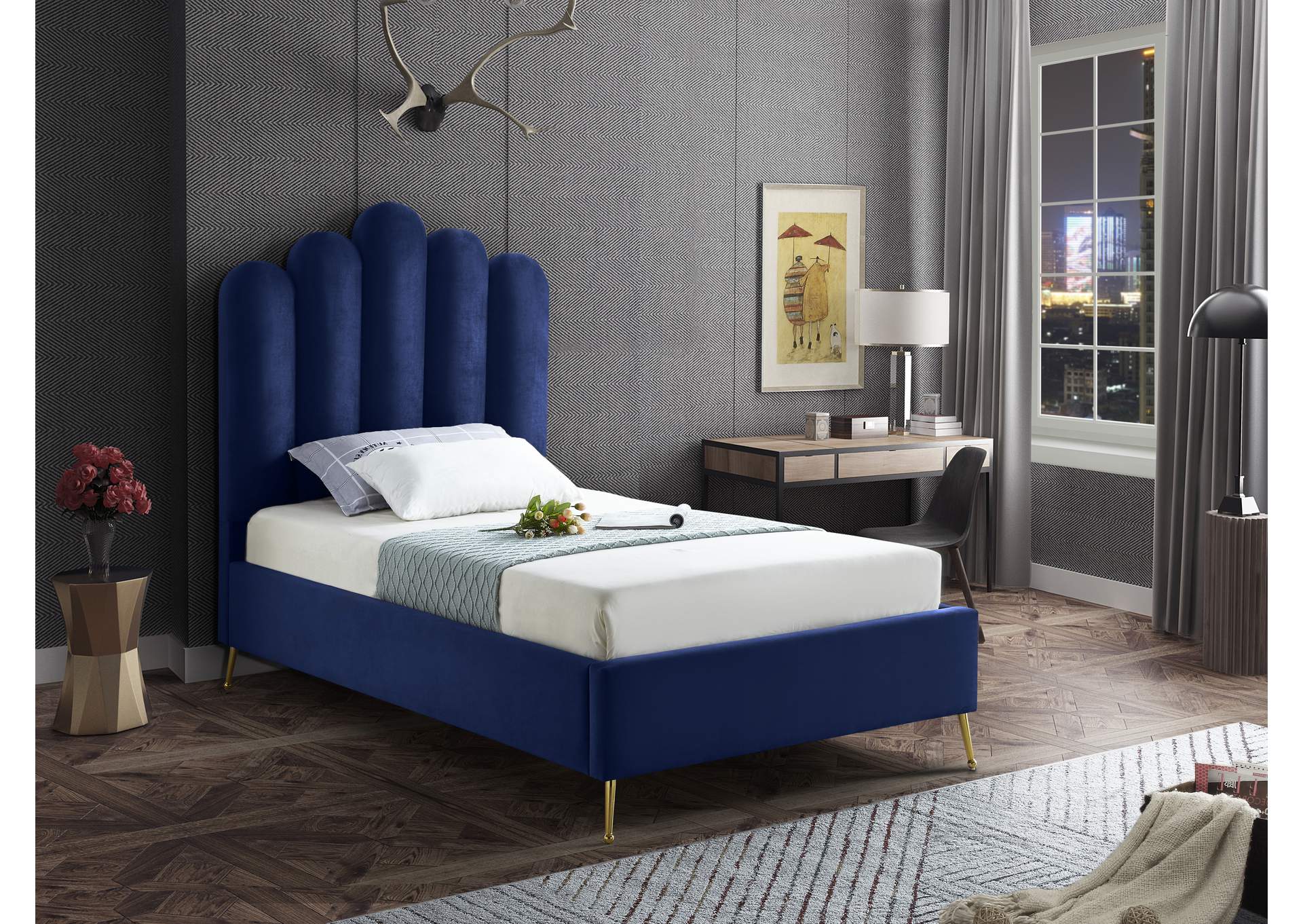 Lily Navy Velvet Twin Bed,Meridian Furniture