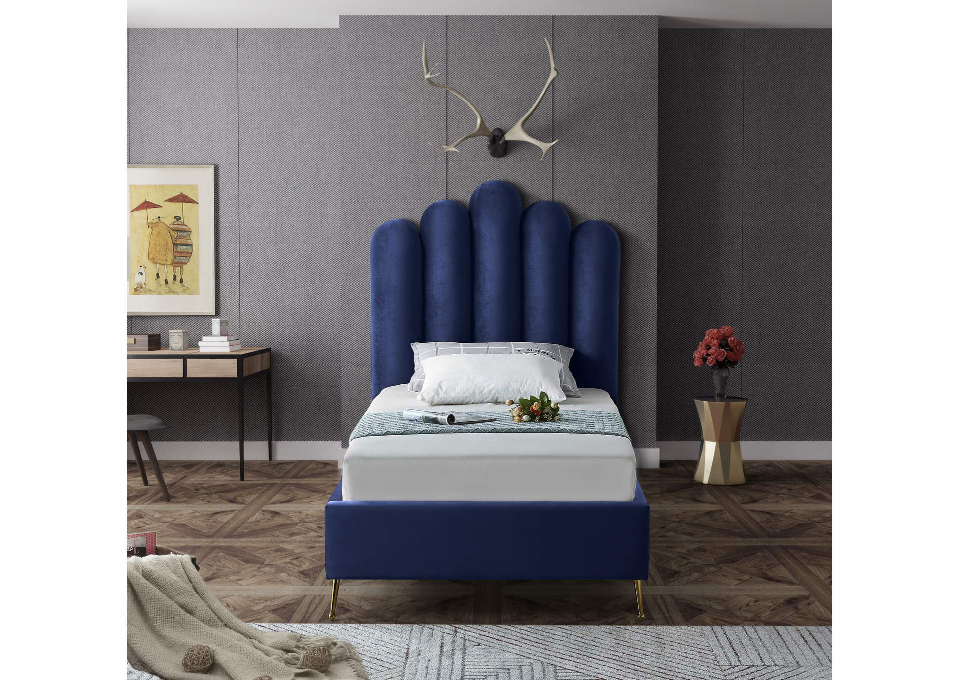 Lily Navy Velvet Twin Bed,Meridian Furniture