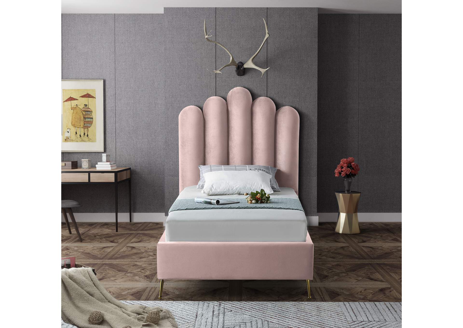 Lily Pink Velvet Twin Bed,Meridian Furniture