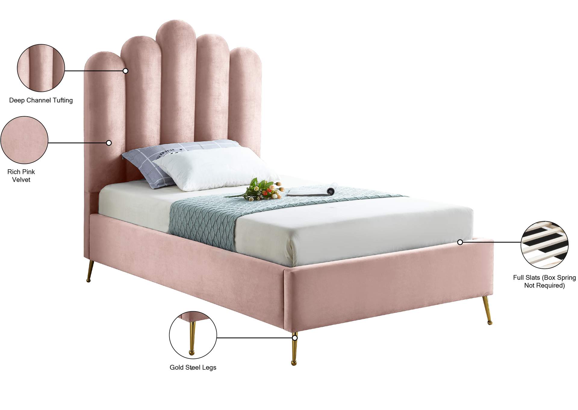 Lily Pink Velvet Twin Bed,Meridian Furniture